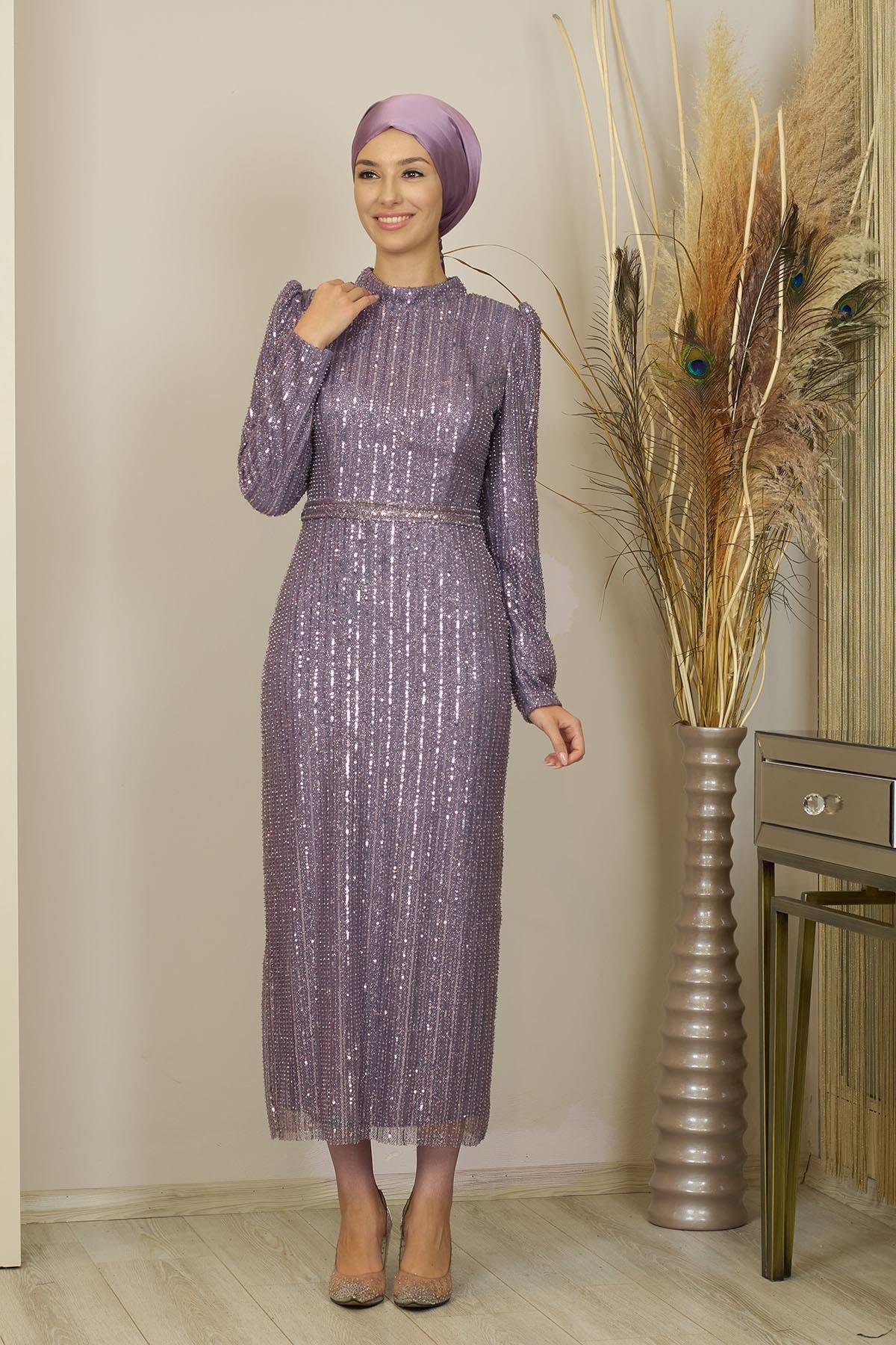 Tül Boncuk İşlemeli Bilek Boy Asel Abiye Lila