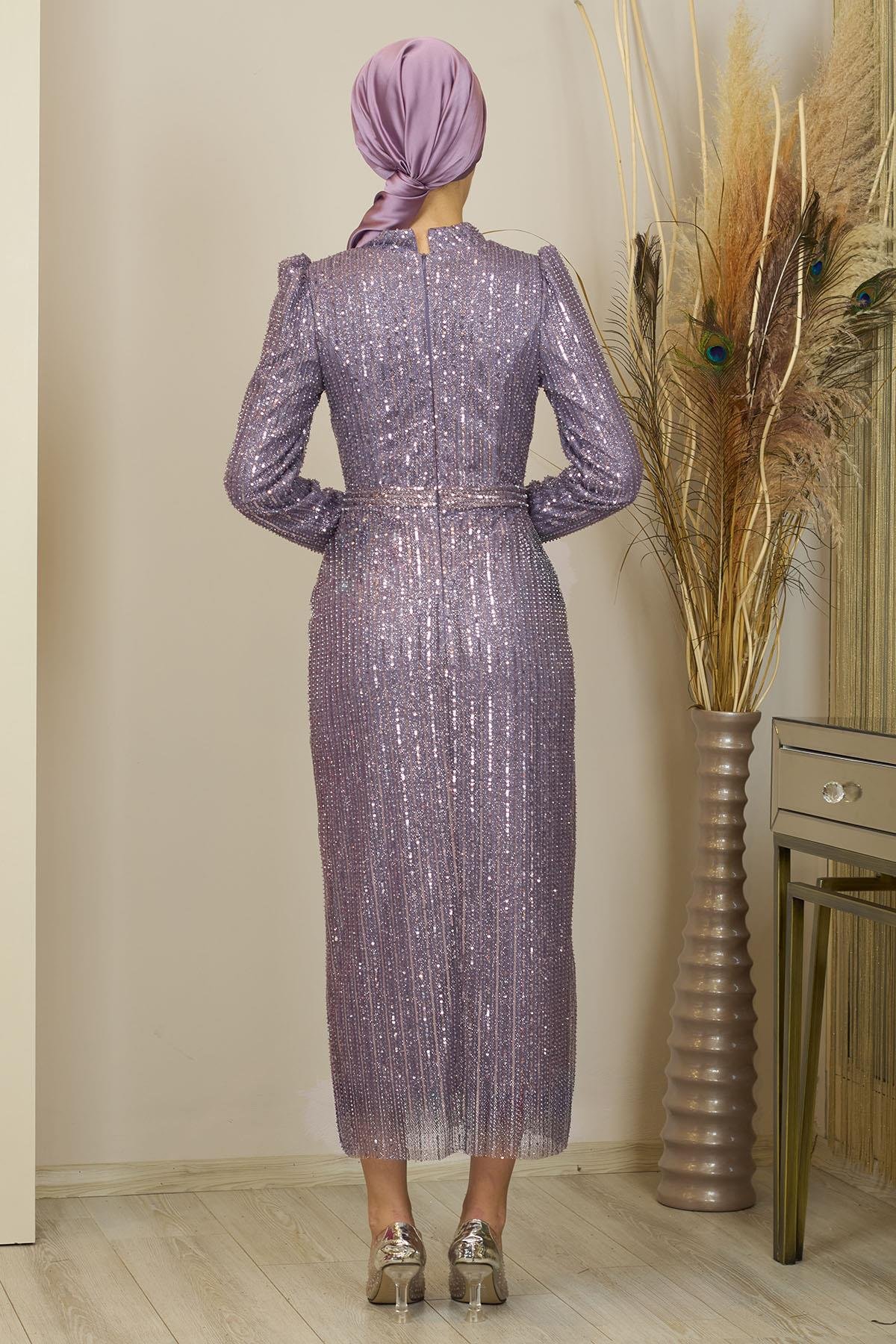 Tül Boncuk İşlemeli Bilek Boy Asel Abiye Lila