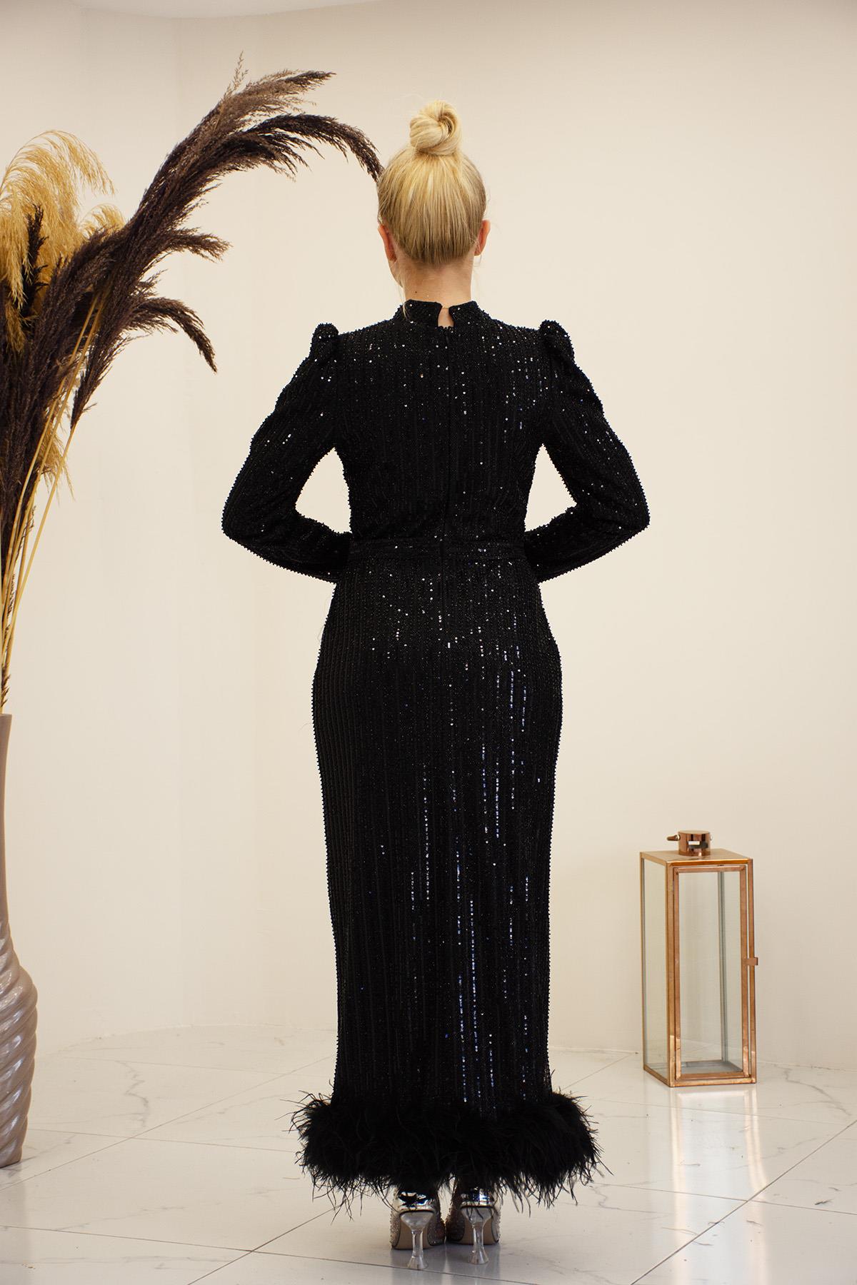 Tüylü Boncuk İşlemeli Bilek Boy Ecrin Abiye Siyah