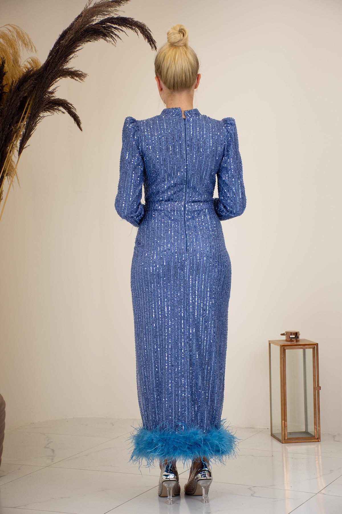 Tüylü Boncuk İşlemeli Bilek Boy Ecrin Abiye İndigo