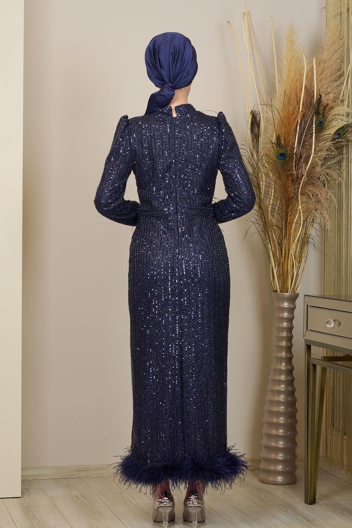 Tüylü Boncuk İşlemeli Bilek Boy Ecrin Abiye Lacivert