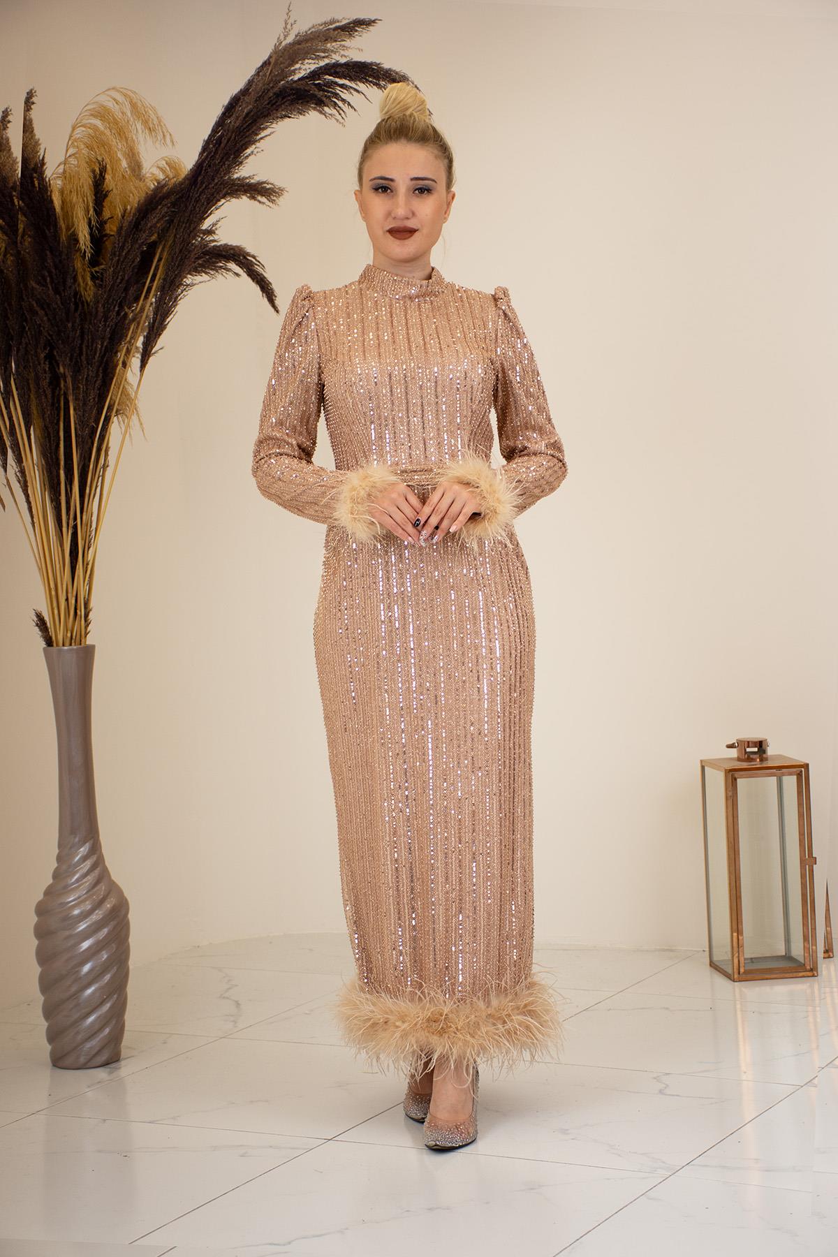 Tüylü Boncuk İşlemeli Bilek Boy Ecrin Abiye Gold