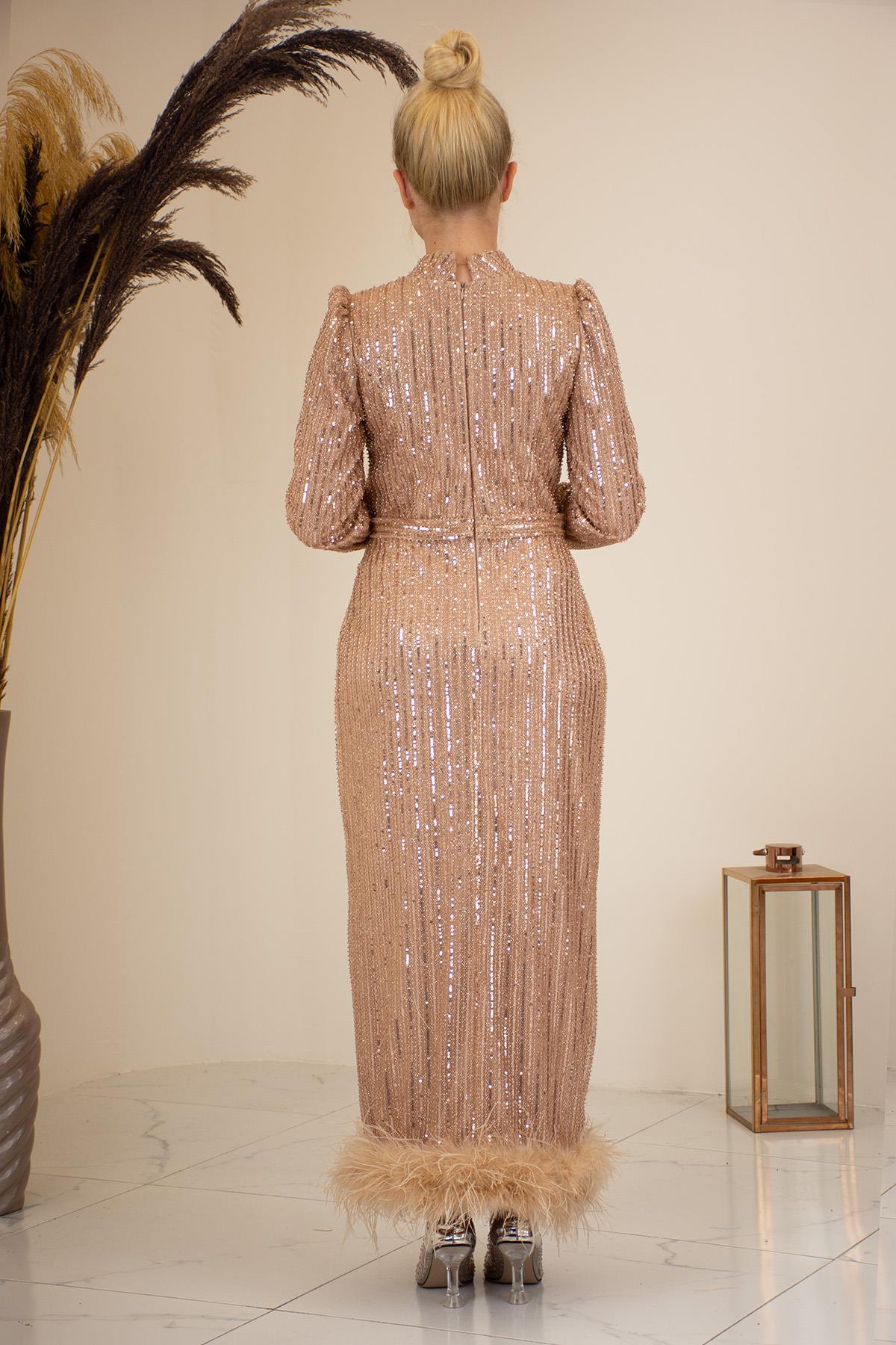 Tüylü Boncuk İşlemeli Bilek Boy Ecrin Abiye Gold