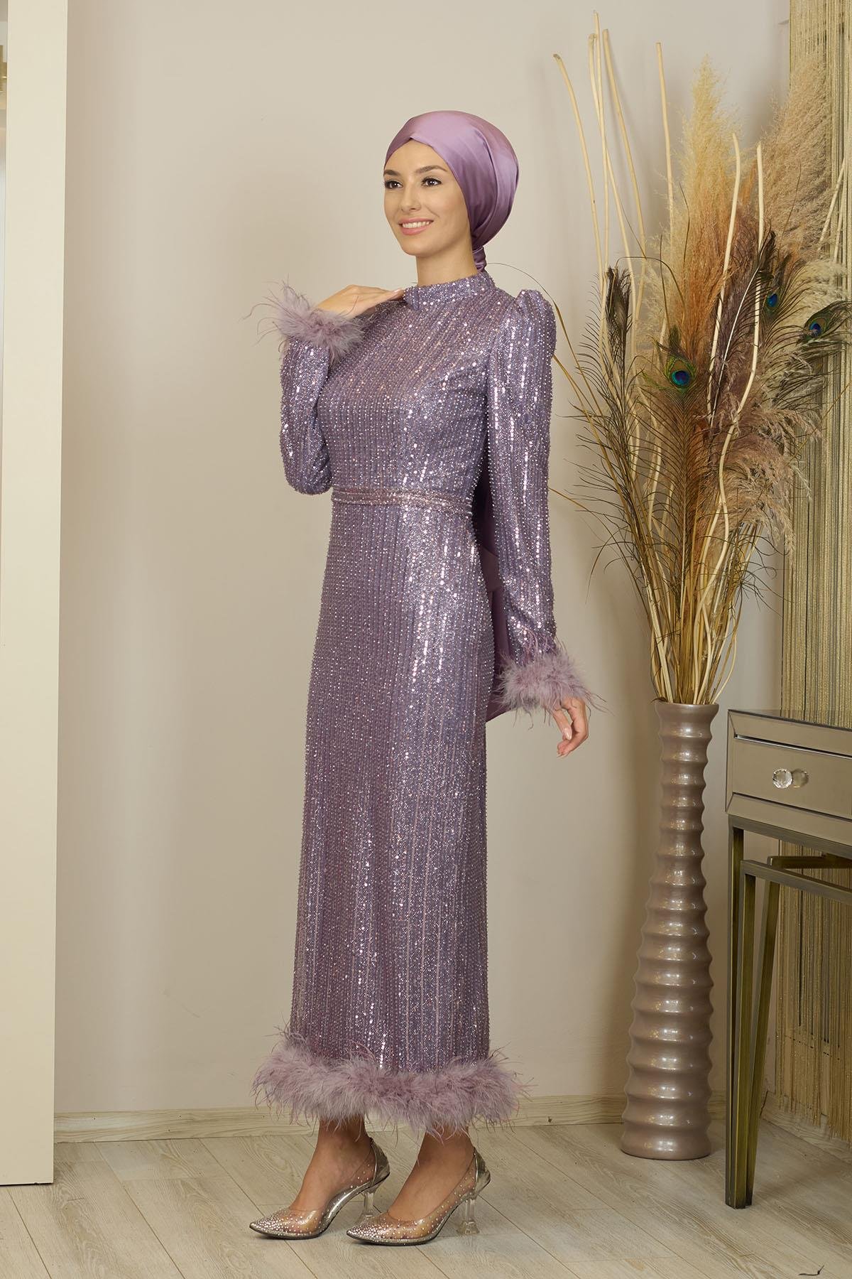 Tüylü Boncuk İşlemeli Bilek Boy Ecrin Abiye Lila