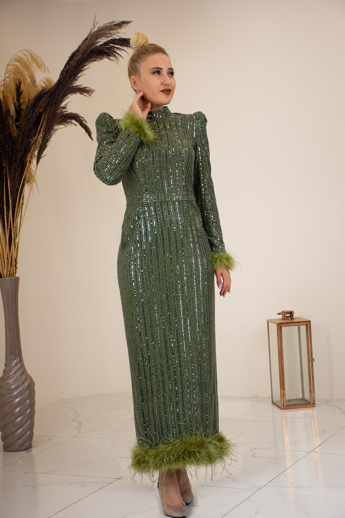 Tüylü Boncuk İşlemeli Bilek Boy Ecrin Abiye Haki