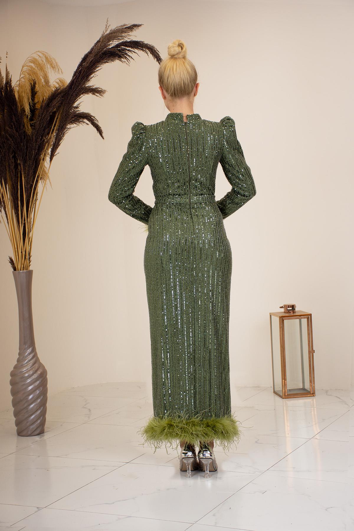 Tüylü Boncuk İşlemeli Bilek Boy Ecrin Abiye Haki