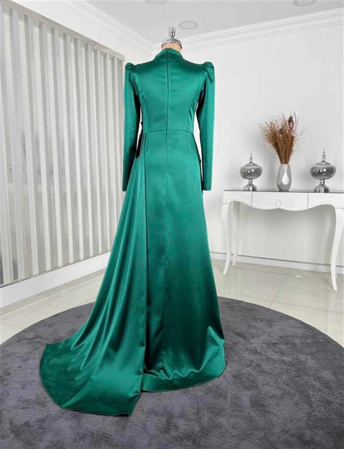 Leaf Lace Waist Floral Detailed Hijab Evening Dress Emerald