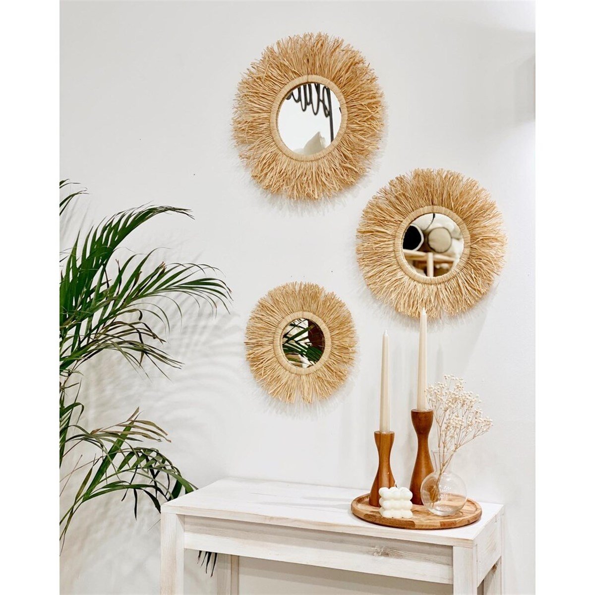 3'lü Rafyadan Ayna Duvar Seti