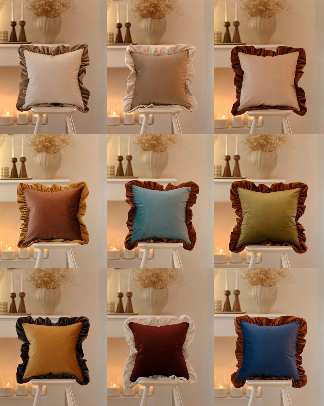 Fırfırlı Kadife Kırlent Kılıfı 40x40 cm Bej-Krem
