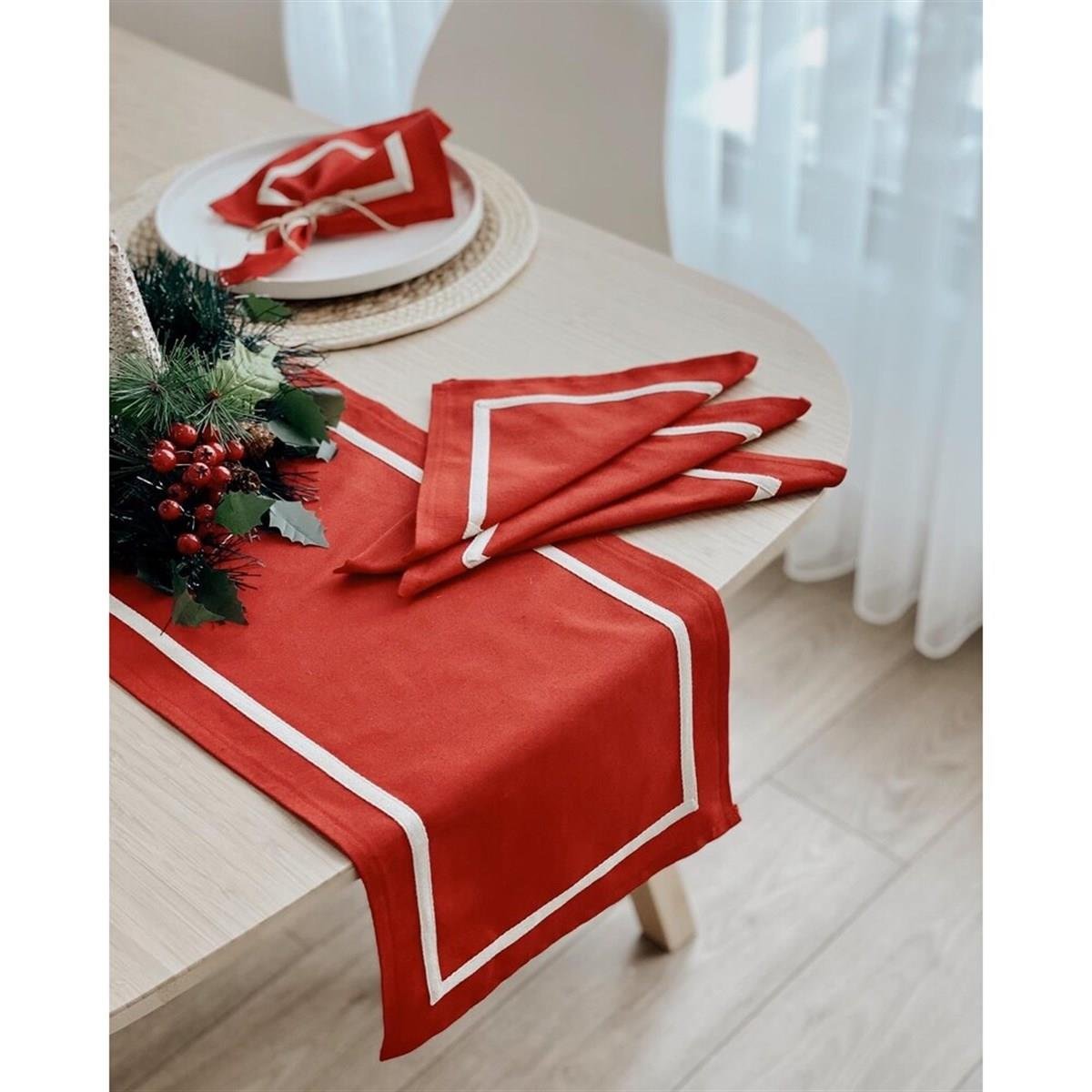 Şeritli Kırmızı Runner ve Peçete Seti