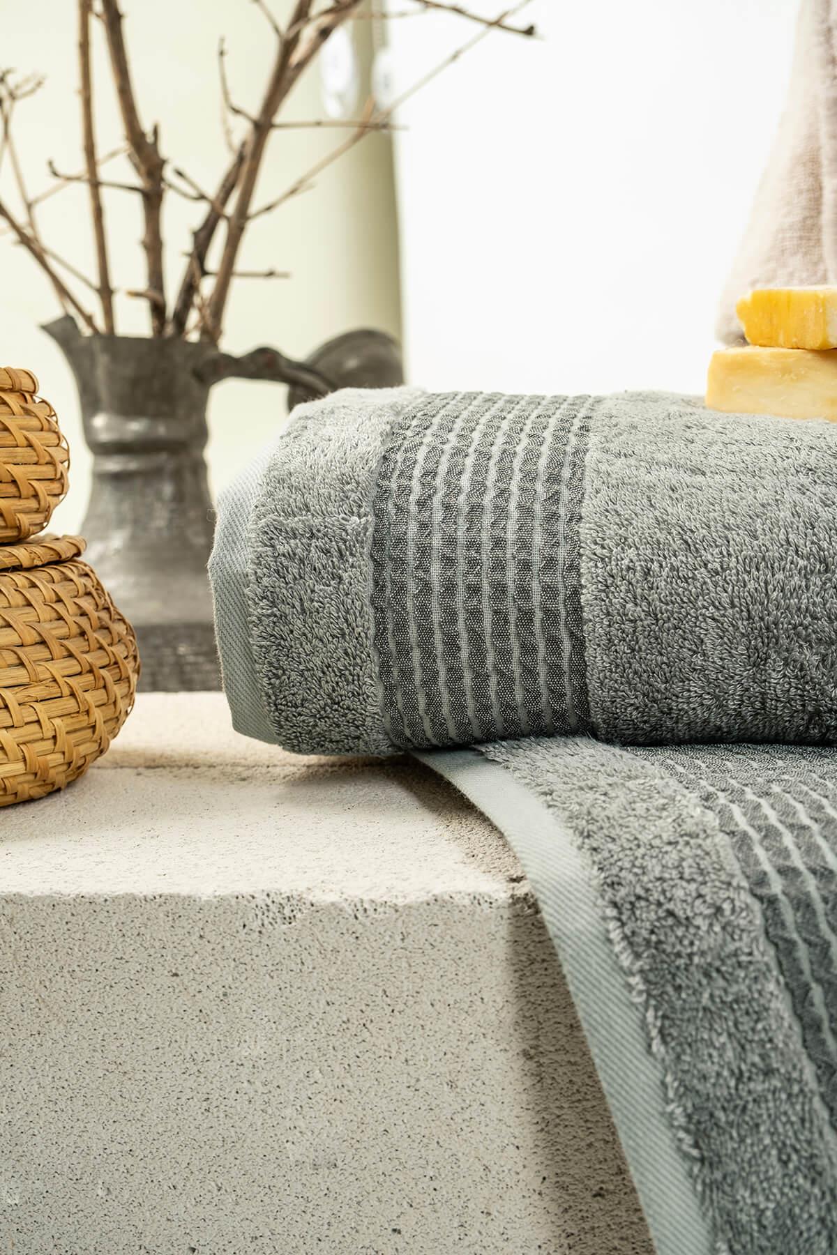 6 Parça Heaven Bambu Jakar Desenli Bornoz Seti - Pudra-Füme