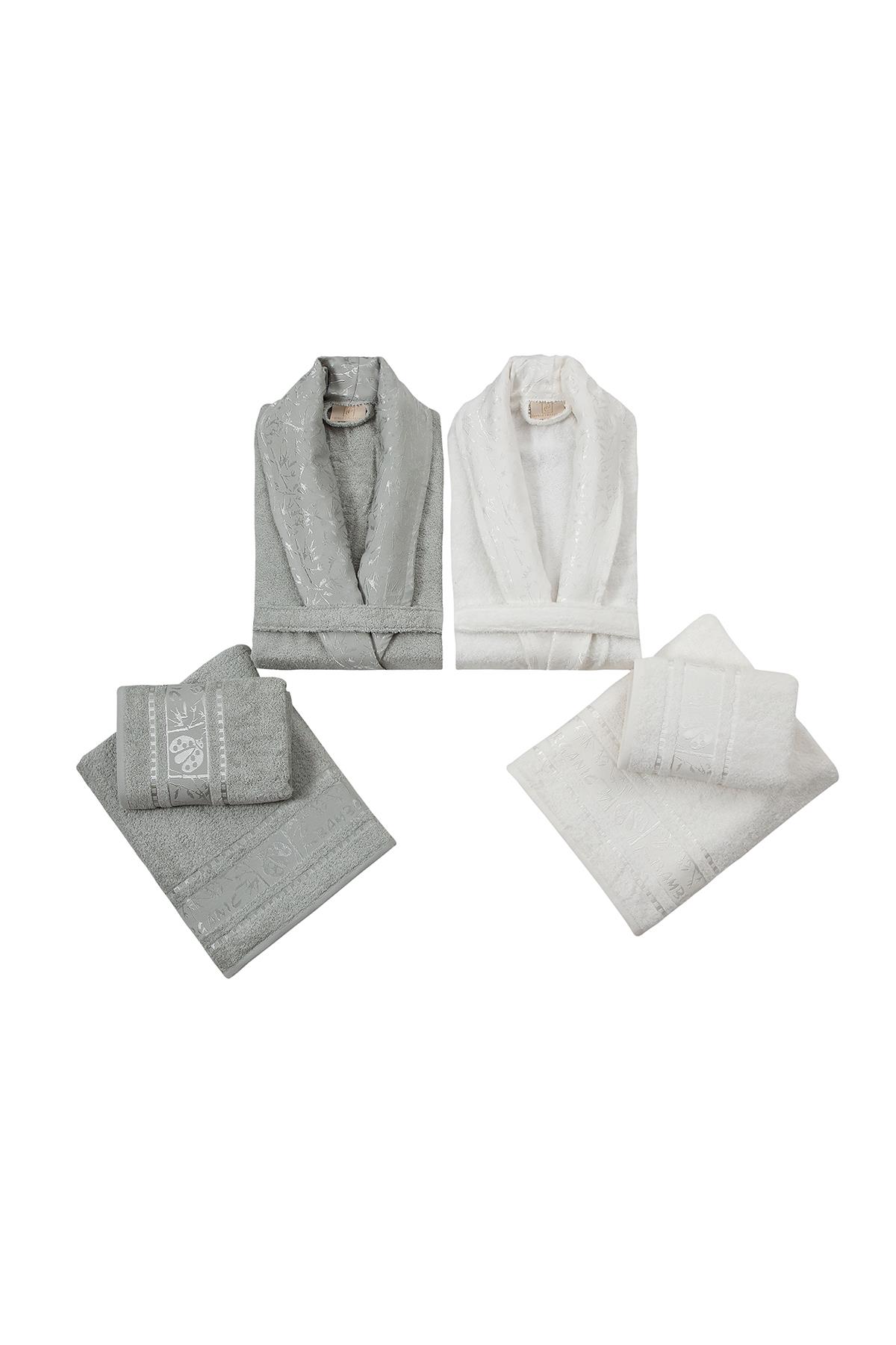6 Parça Silver Bambu Bornoz Seti Açık Kahve-Ekru