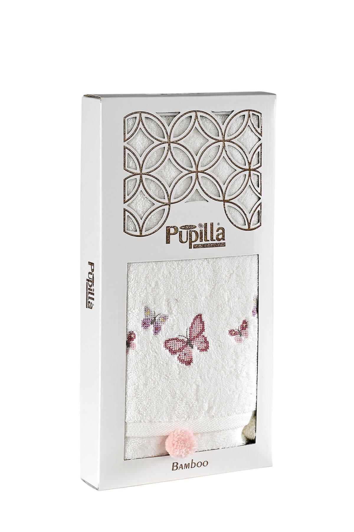 Sıla Ponponlu 50*90 Tekli Penye Yüz Havlusu (Kutulu) Kelebek Desen - Ekru