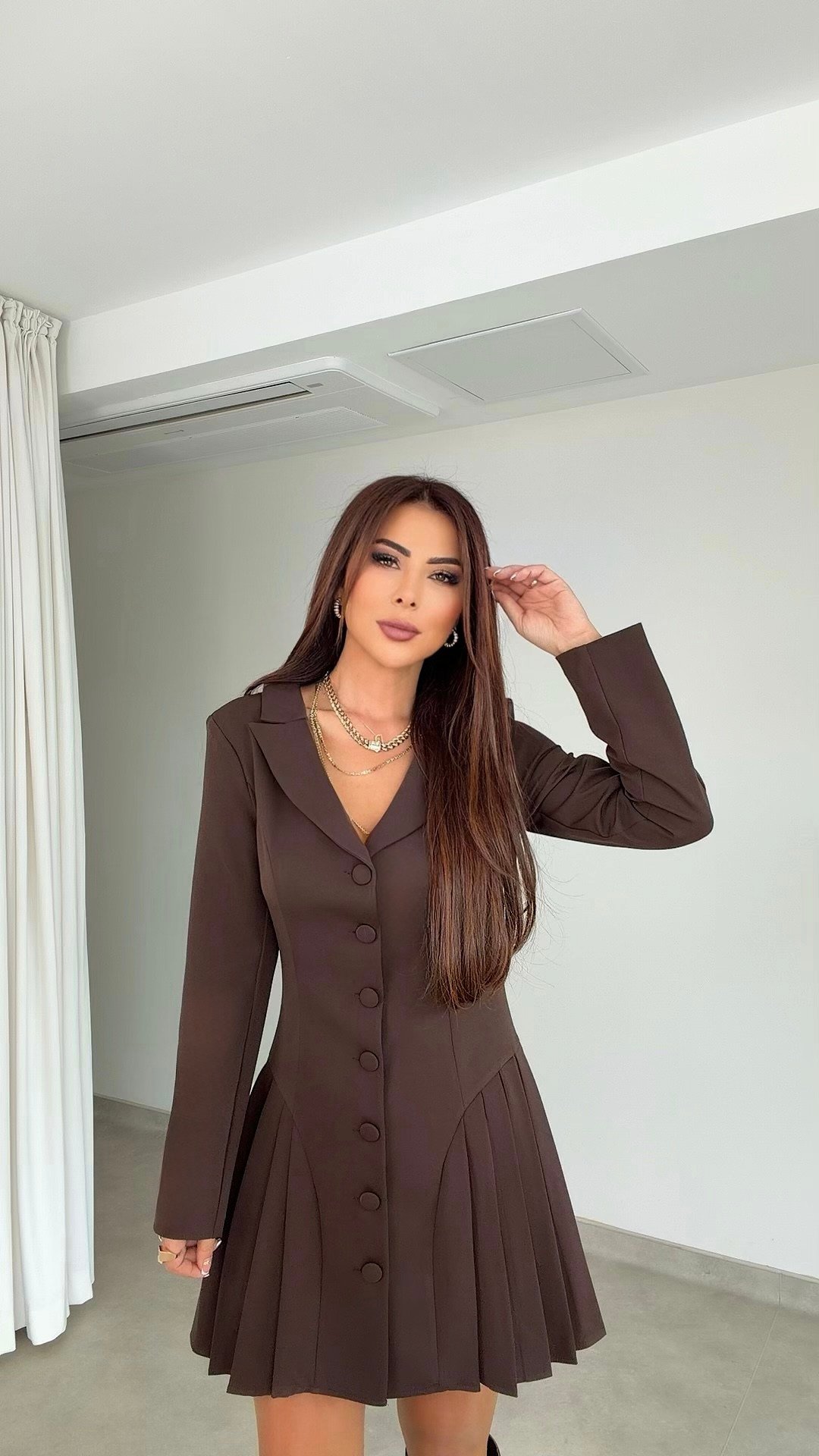 Alima Yandan Pile Detaylı Düğmeli Kahverengi Kadın Elbise