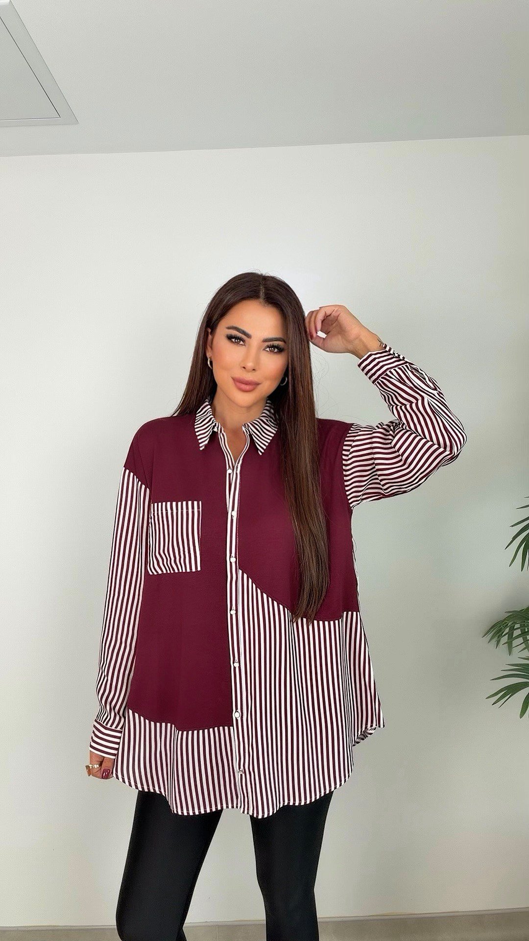 Alyaxi Şerit Çizgi Detaylı Kadın Bordo Gömlek Bluz