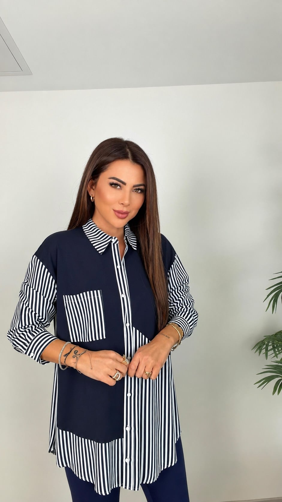 Alyaxi Şerit Çizgi Detaylı Kadın Lacivert Gömlek Bluz