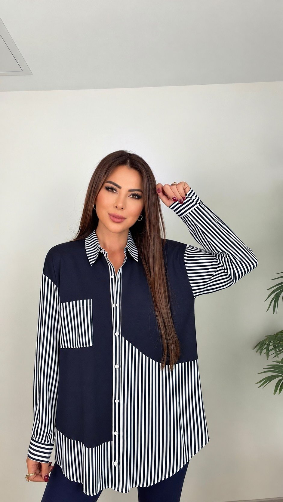 Alyaxi Şerit Çizgi Detaylı Kadın Lacivert Gömlek Bluz