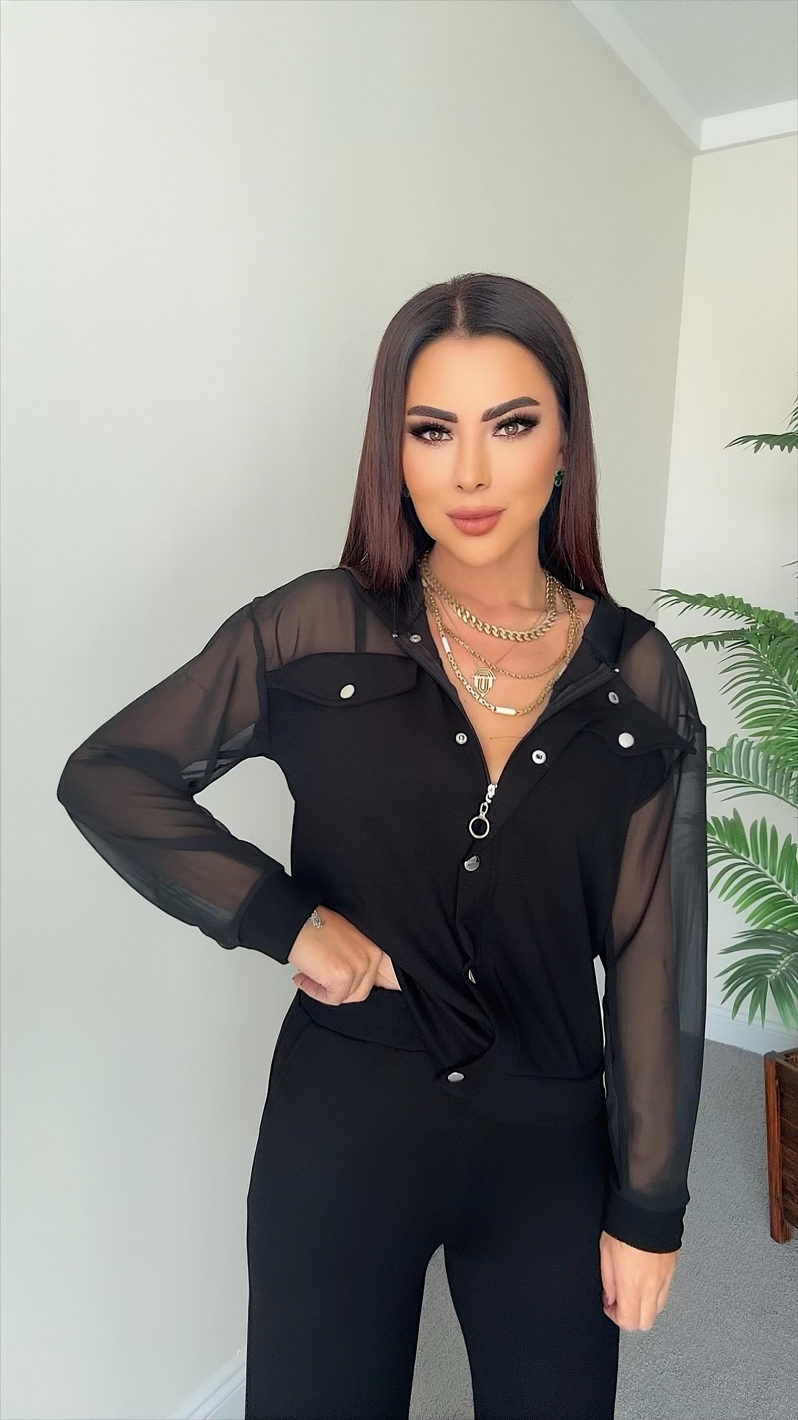 Andre Kadın Kol Omuz Tül Detaylı Siyah Takım