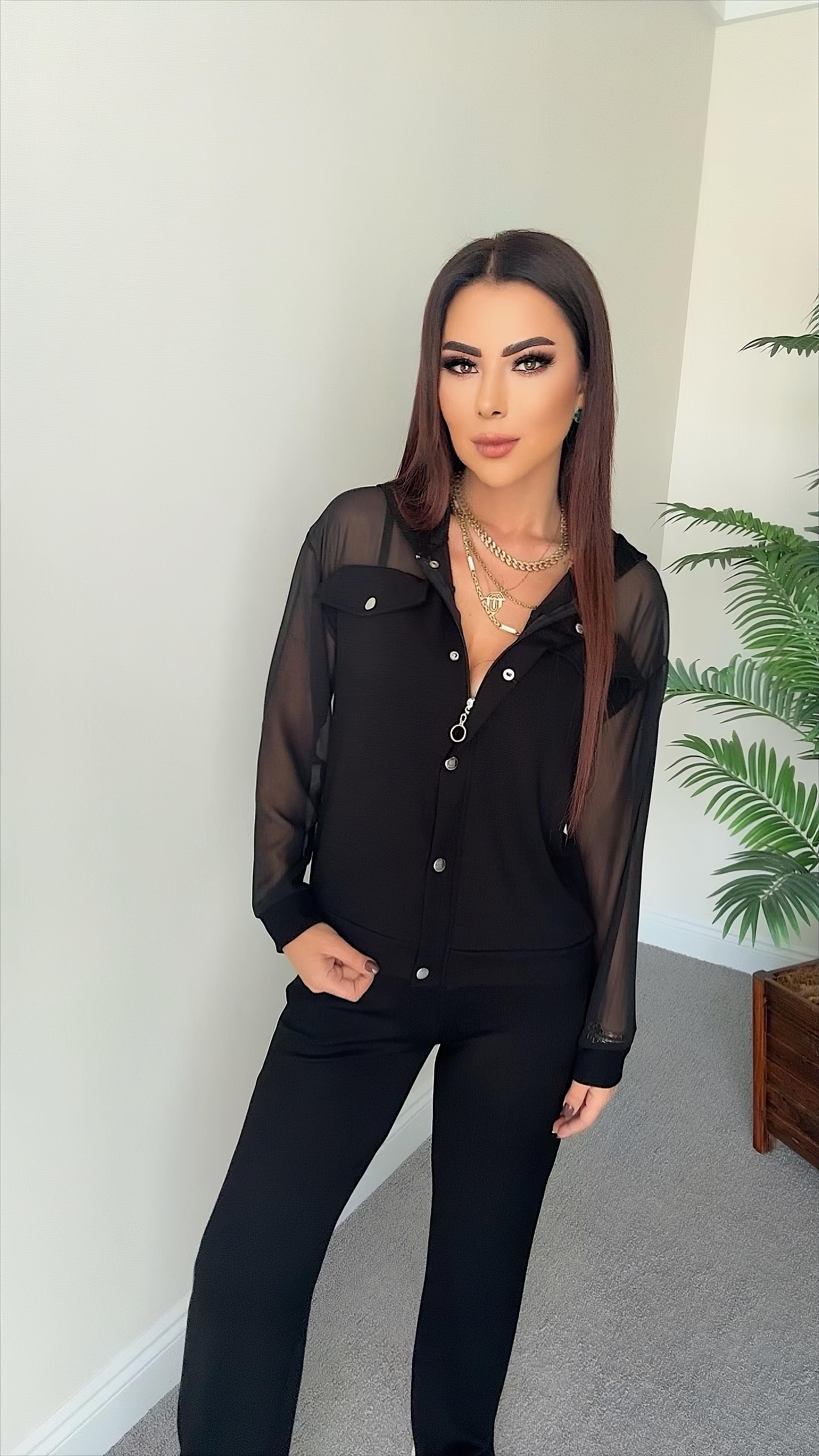 Andre Kadın Kol Omuz Tül Detaylı Siyah Takım