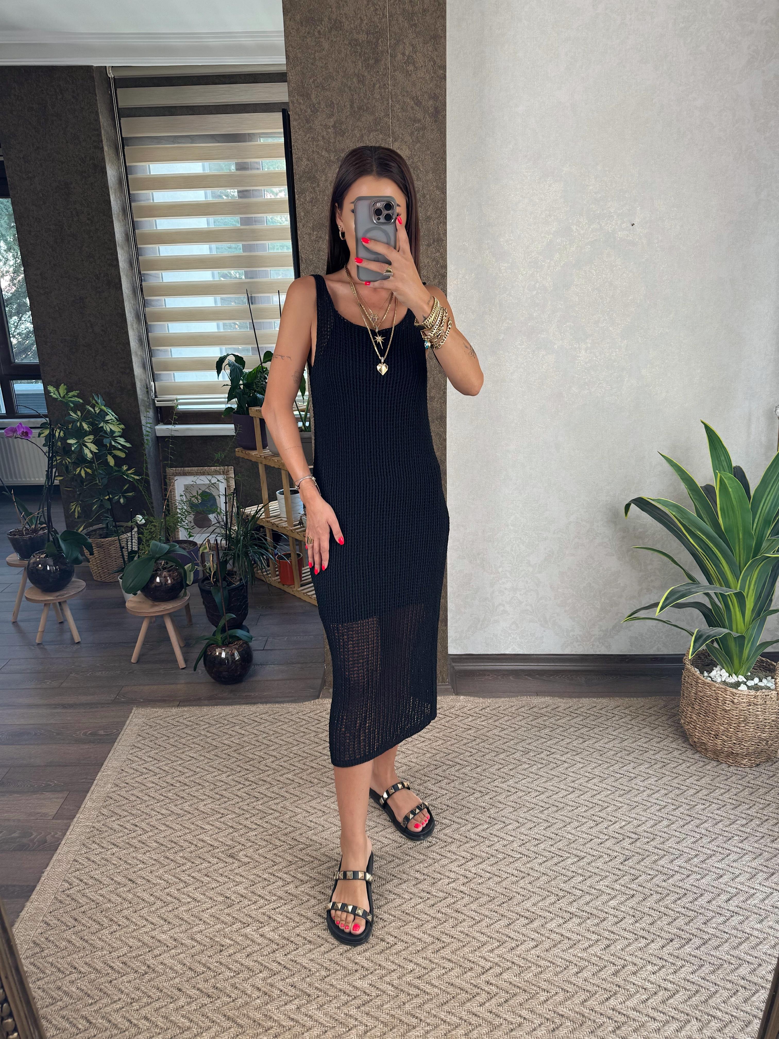 Angela Kadın Askılı Astarlı Siyah Elbise