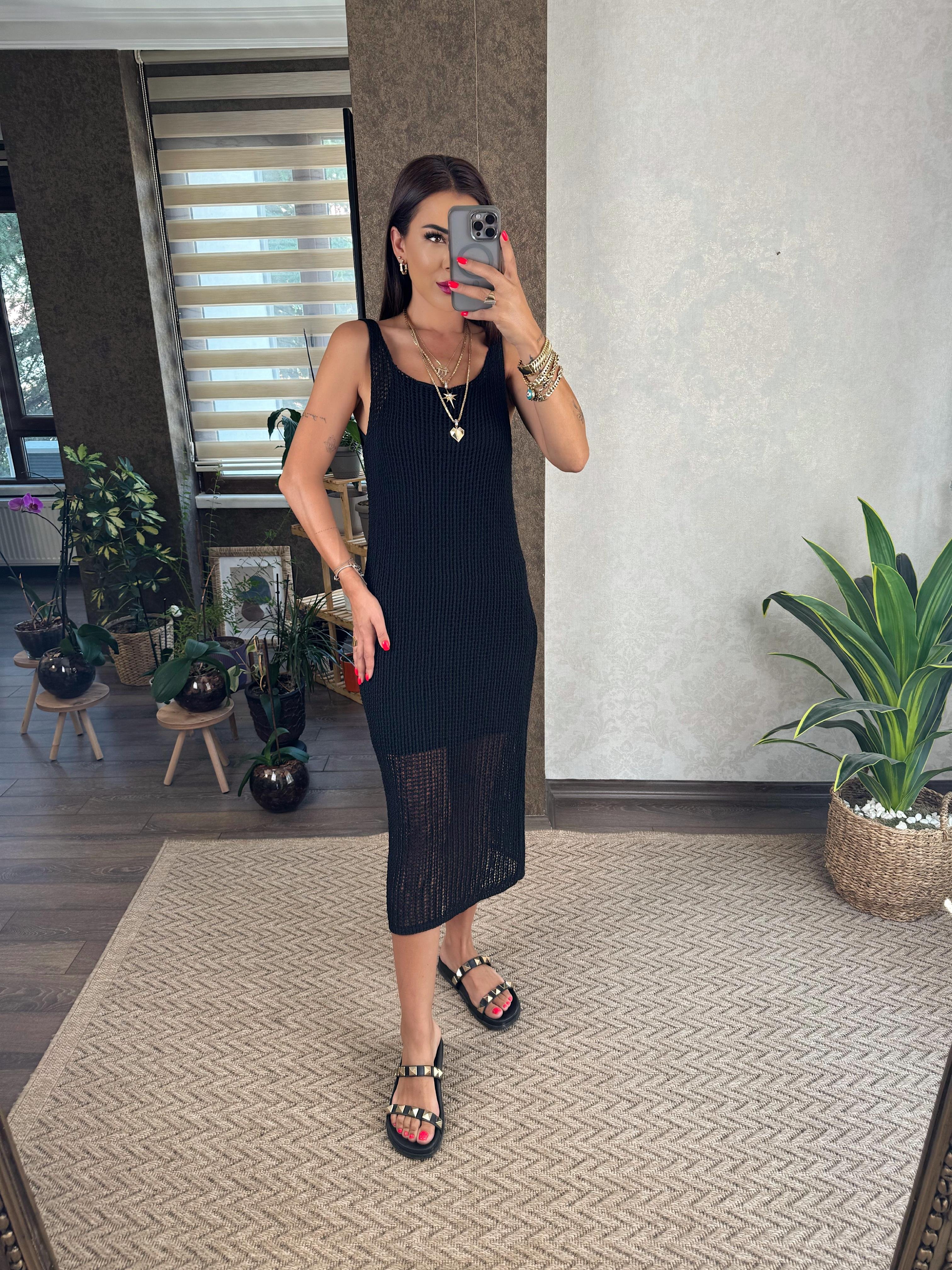 Angela Kadın Askılı Astarlı Siyah Elbise