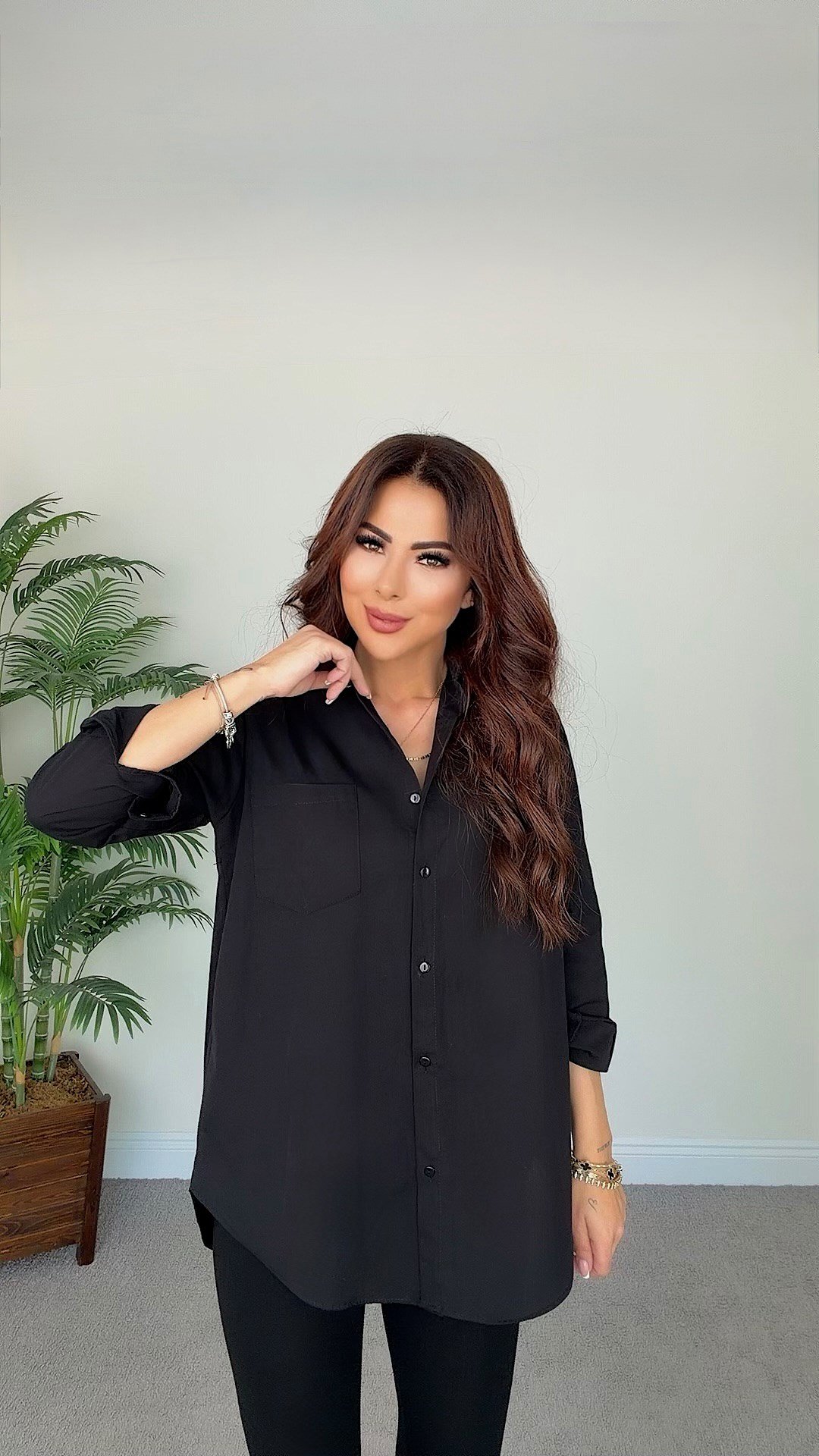 Arcke Kadın Tek Cepli Oversize Siyah Gömlek