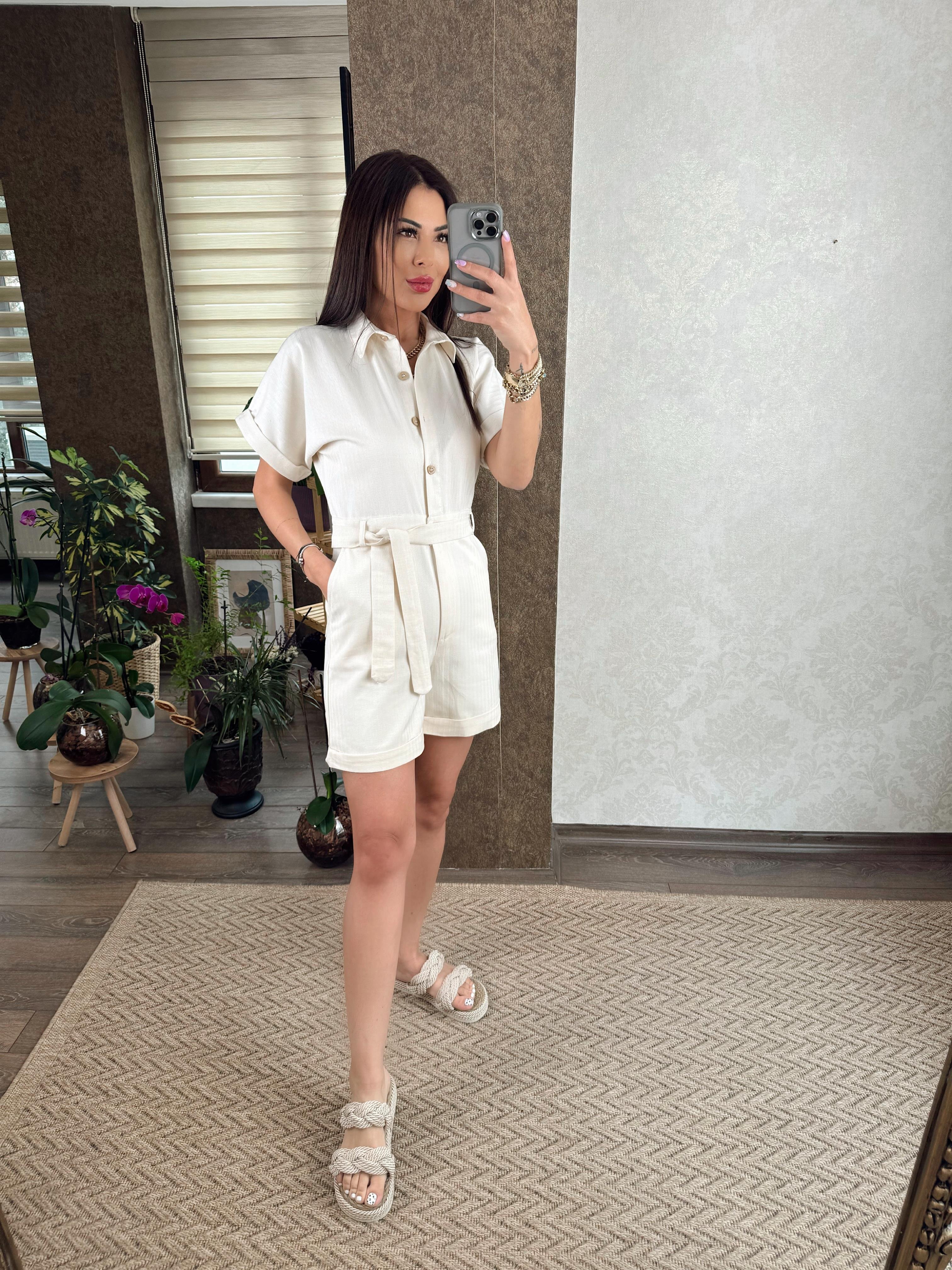 Aynes Kadın Bej Keten Şortlu Tulum
