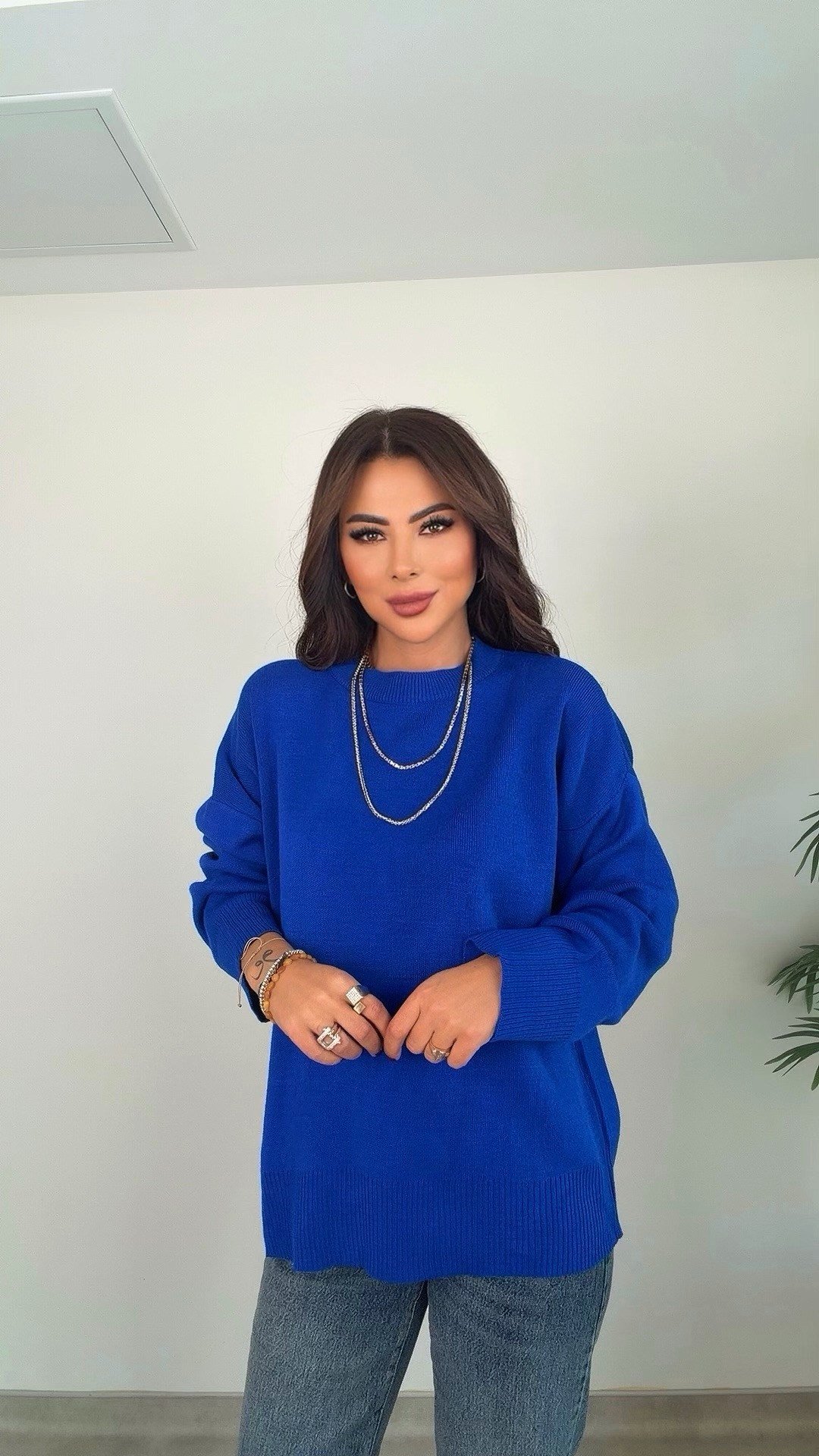 Azral Yuvarlak Yaka Kadın Mavi Triko Kazak