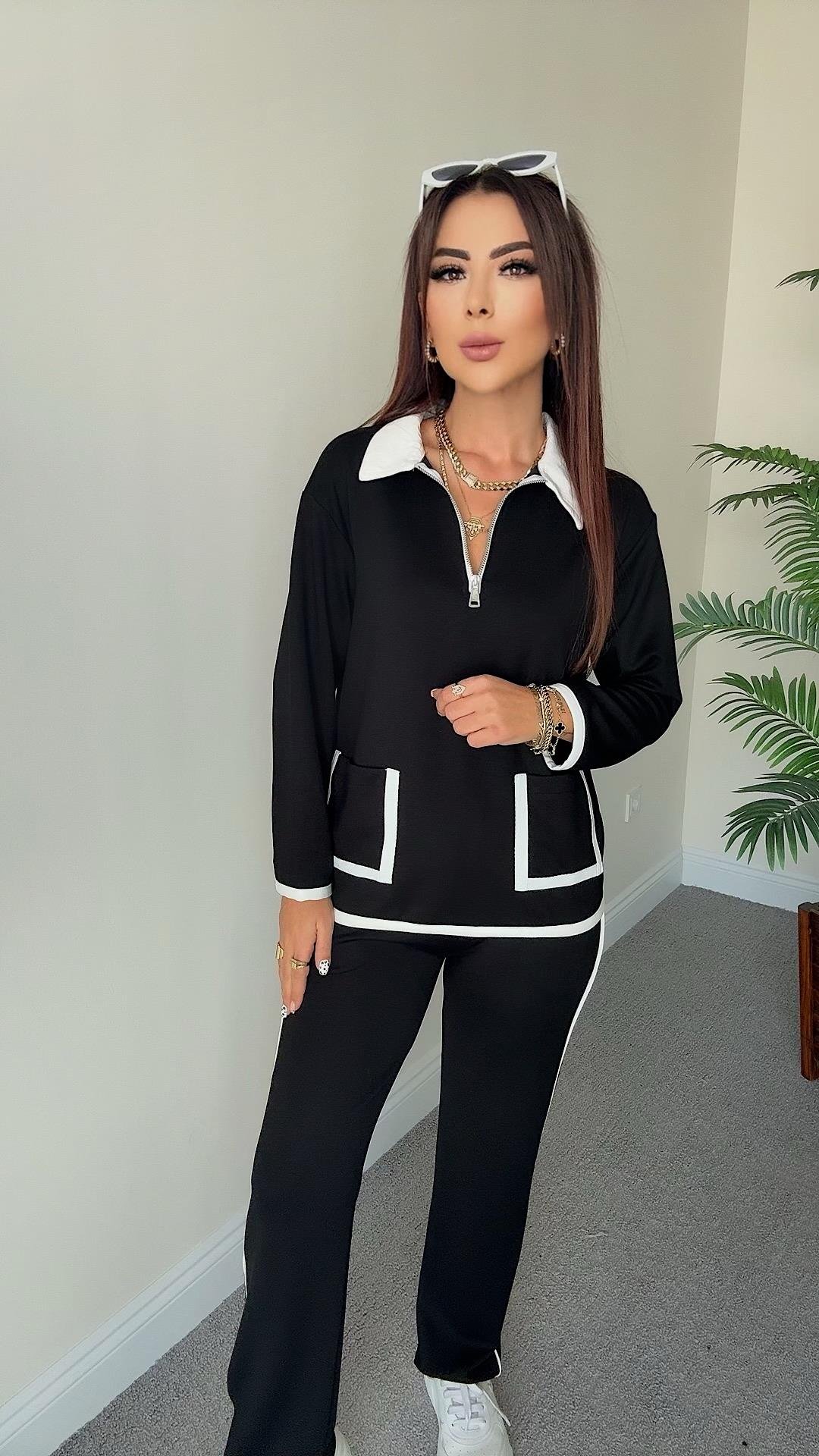 Bebe Kadın Cep ve Yaka Detaylı Siyah Takım