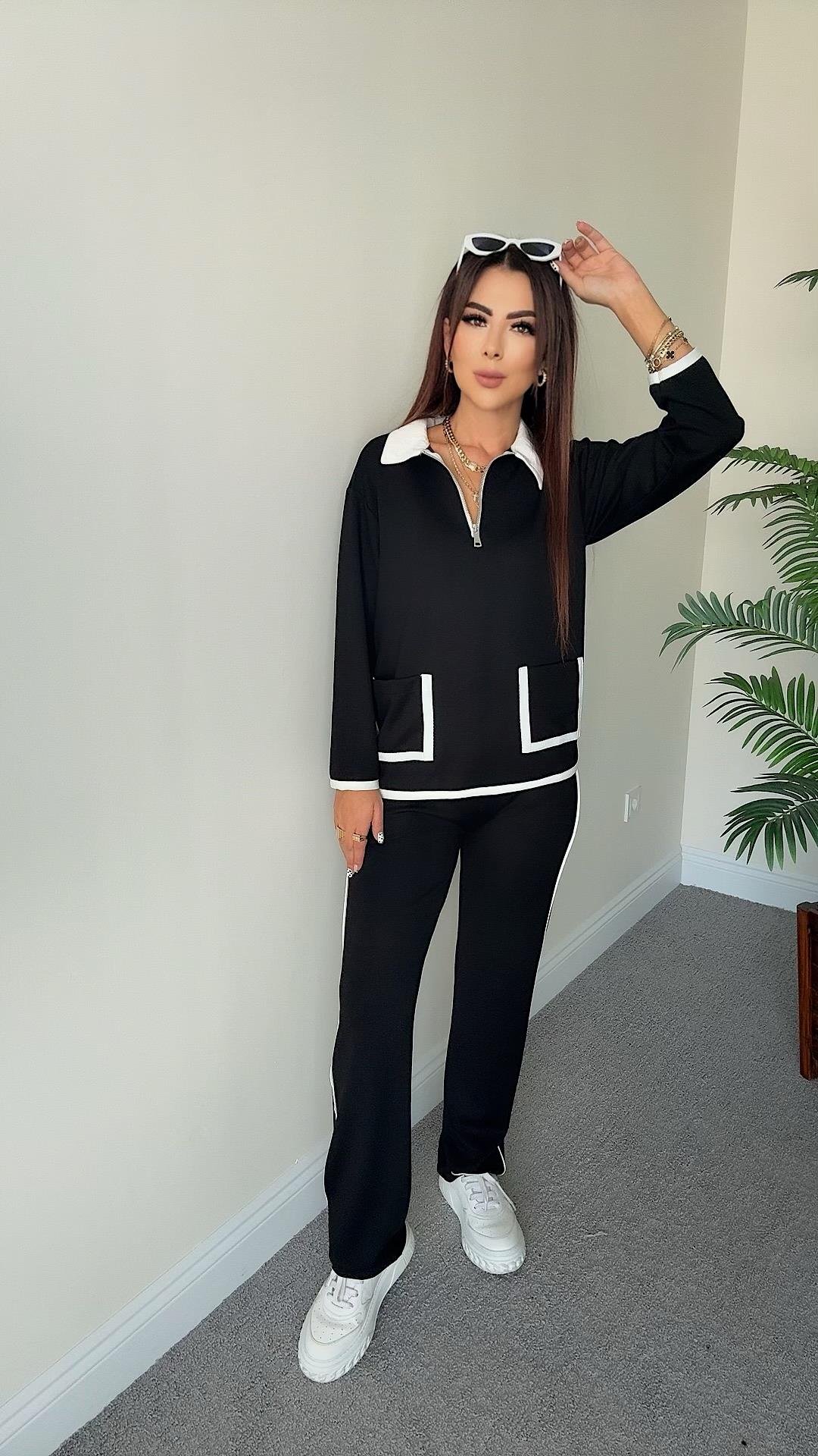 Bebe Kadın Cep ve Yaka Detaylı Siyah Takım