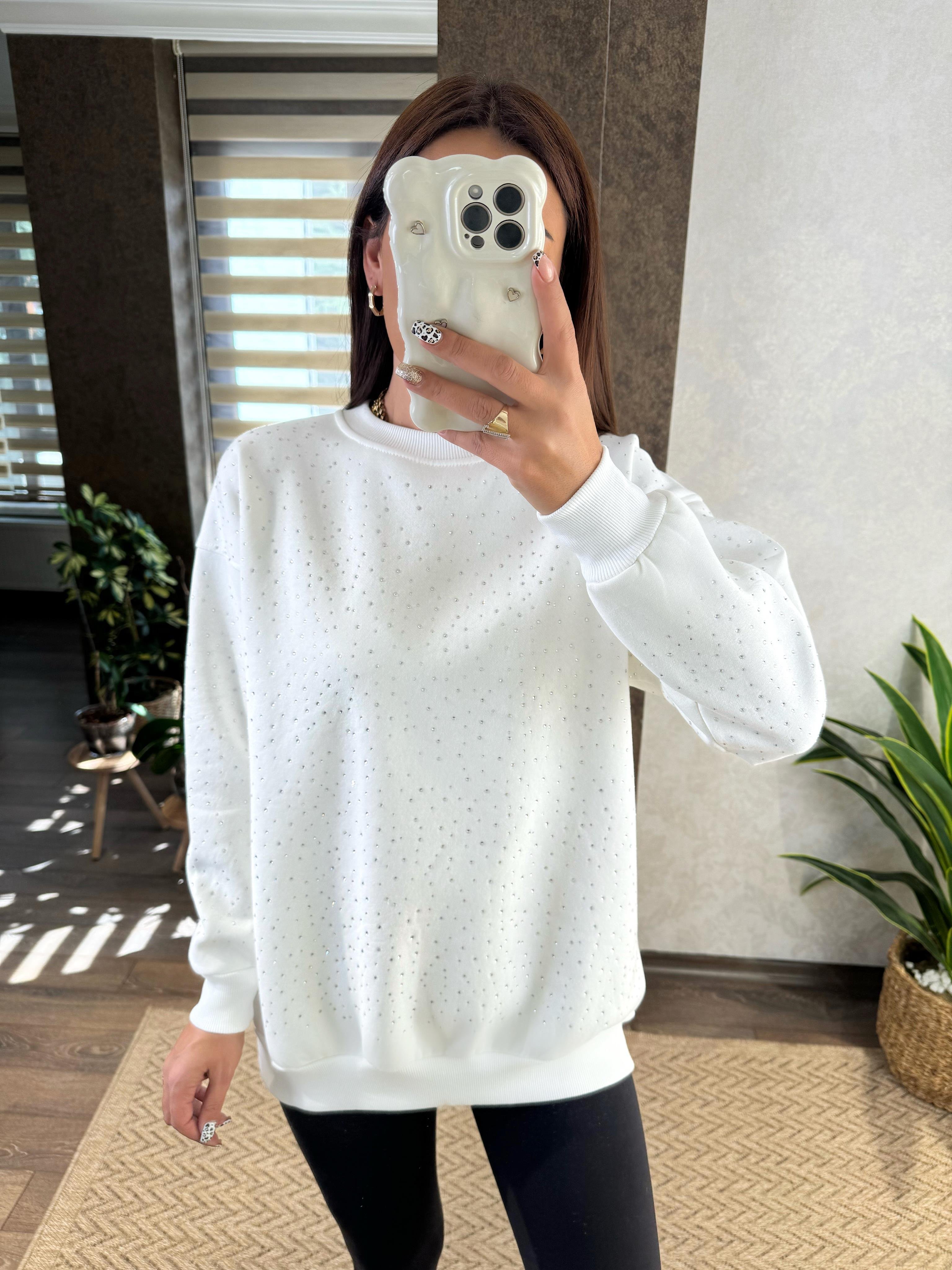 Beyaz Taş Detaylı Oversize Sweat