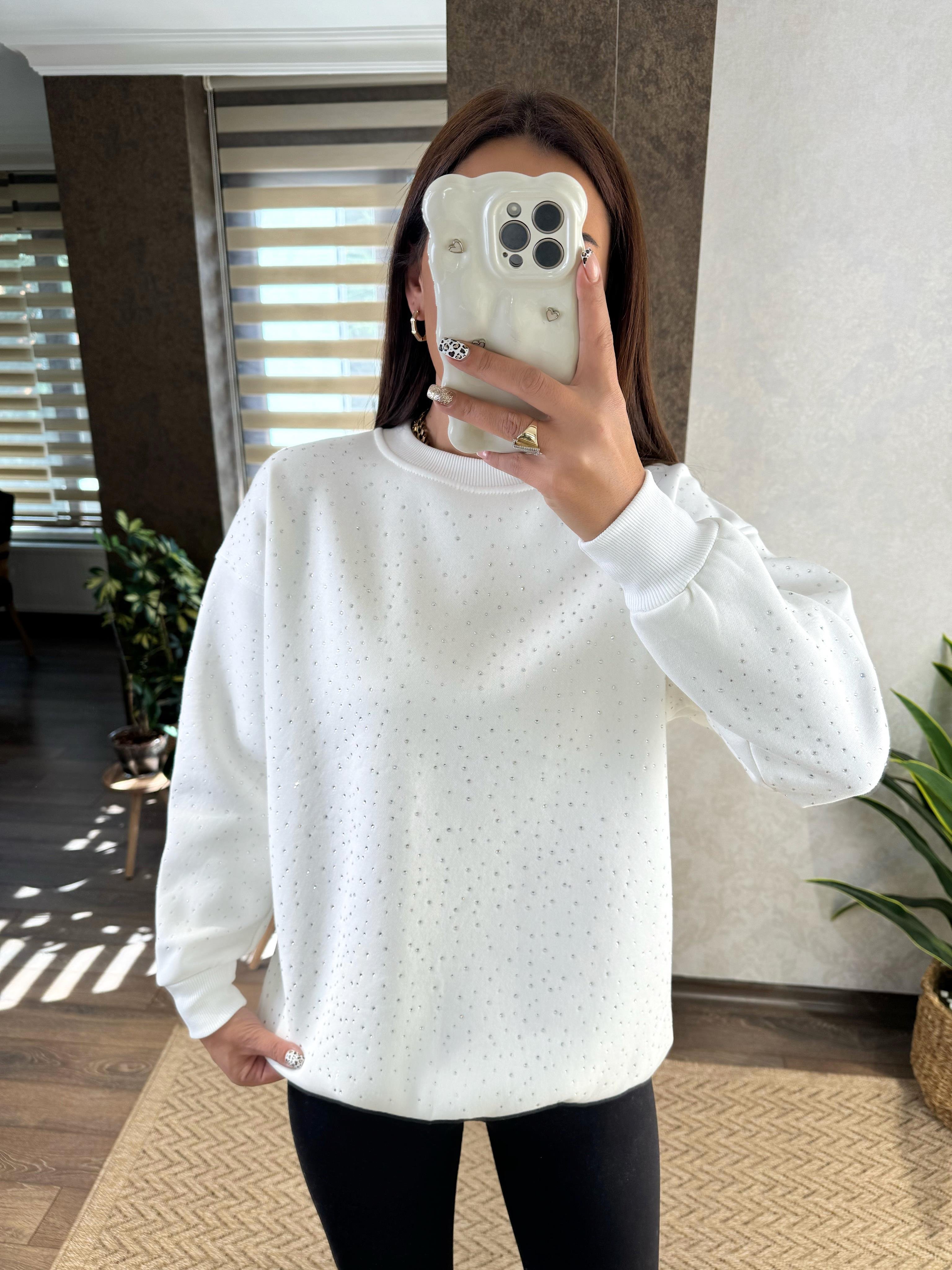 Beyaz Taş Detaylı Oversize Sweat