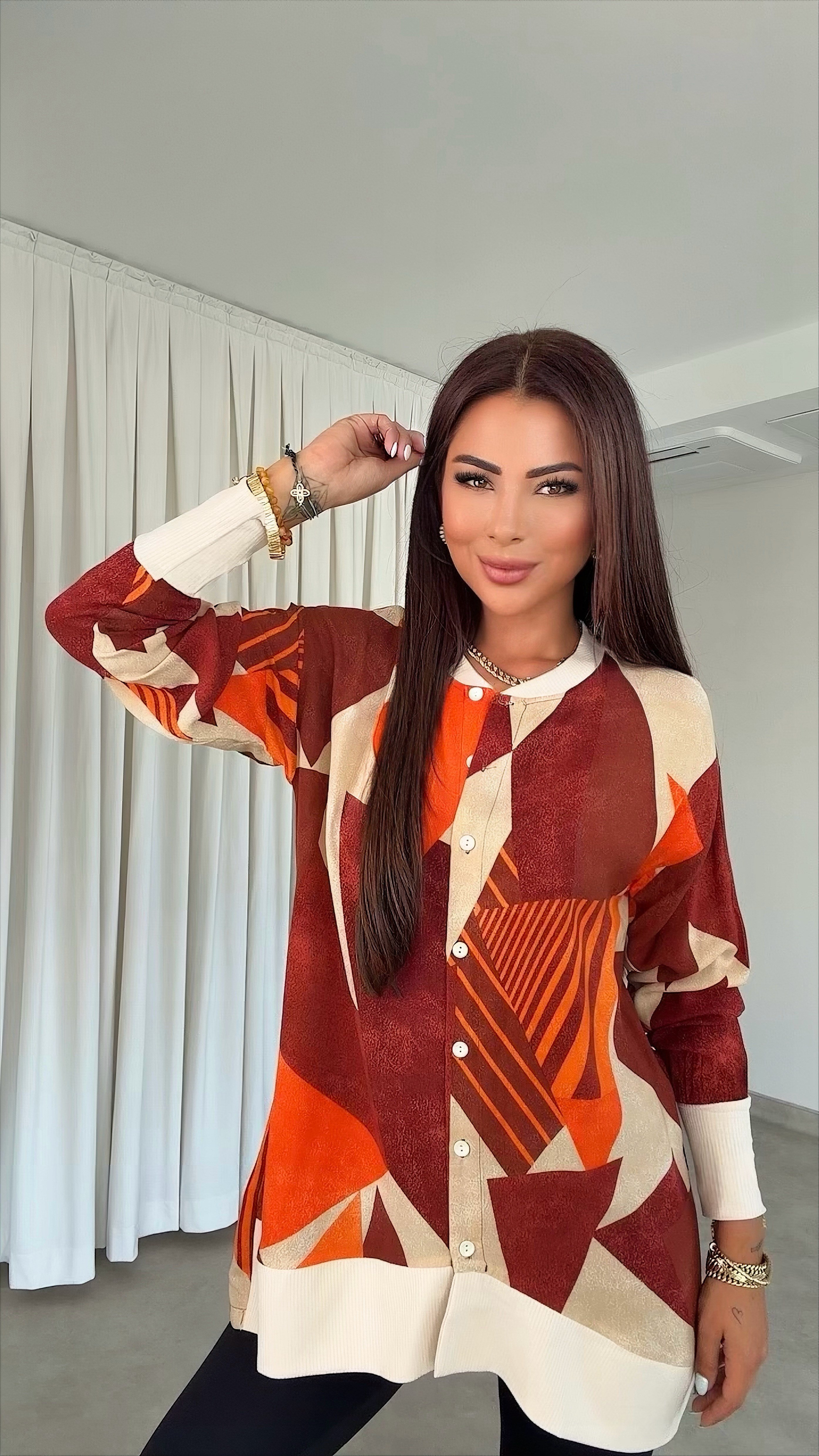 Boopy Sıfır Yaka Kahverengi Turuncu Kadın Tunik