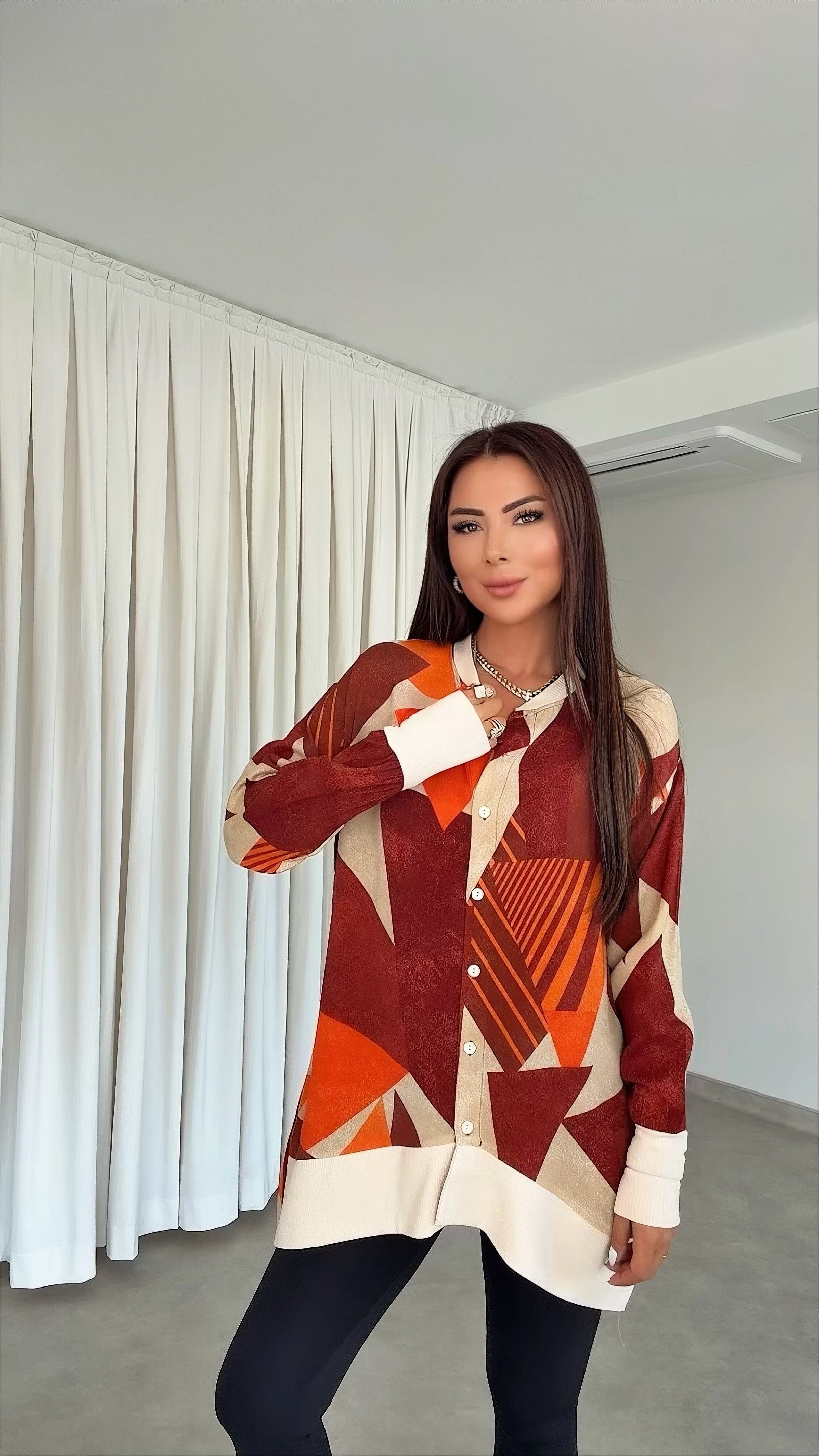 Boopy Sıfır Yaka Kahverengi Turuncu Kadın Tunik