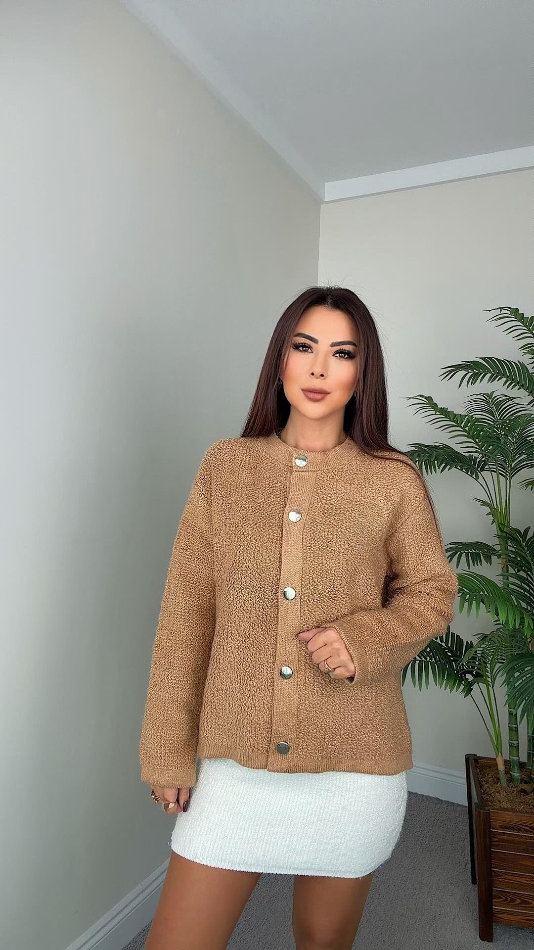 Bukle Kadın Gold Düğmeli Taba Hırka