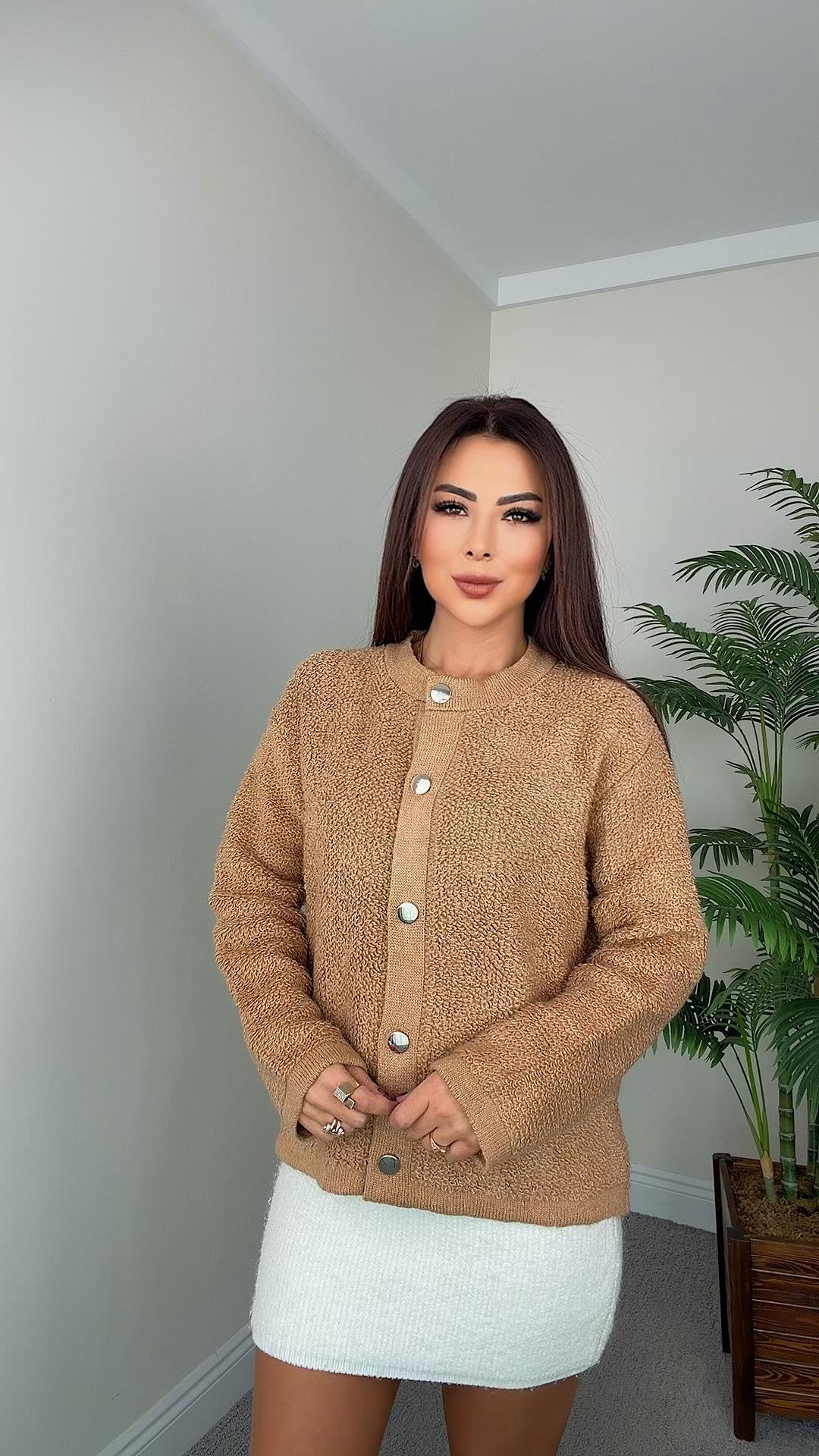 Bukle Kadın Gold Düğmeli Taba Hırka