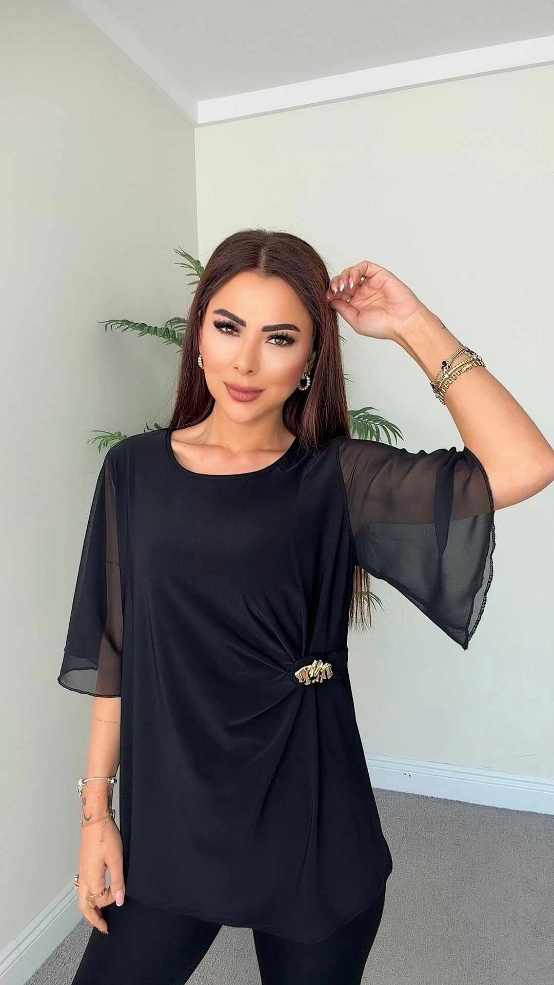 Carlo Kadın Şifon ve Drape Detaylı Siyah Bluz