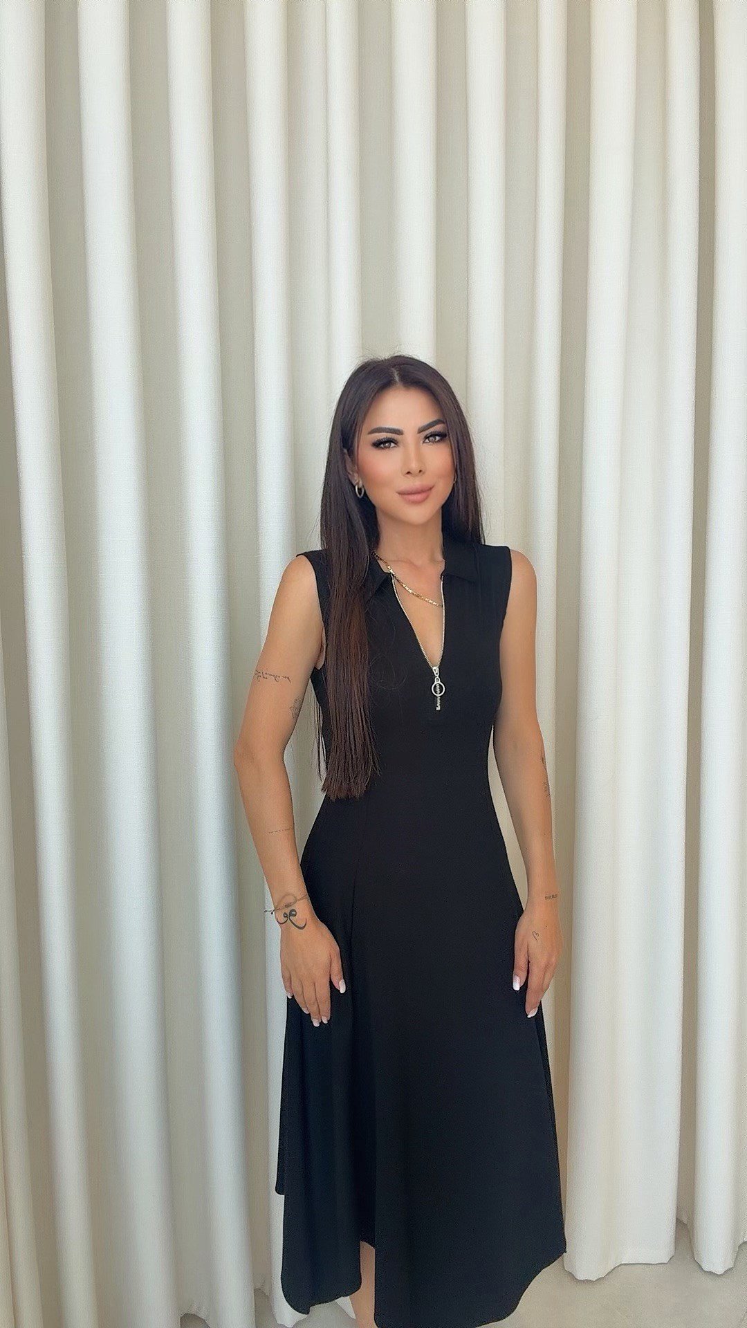 Cenie Kadın Yaka Fermuar Detaylı Asimetrik Siyah Elbise