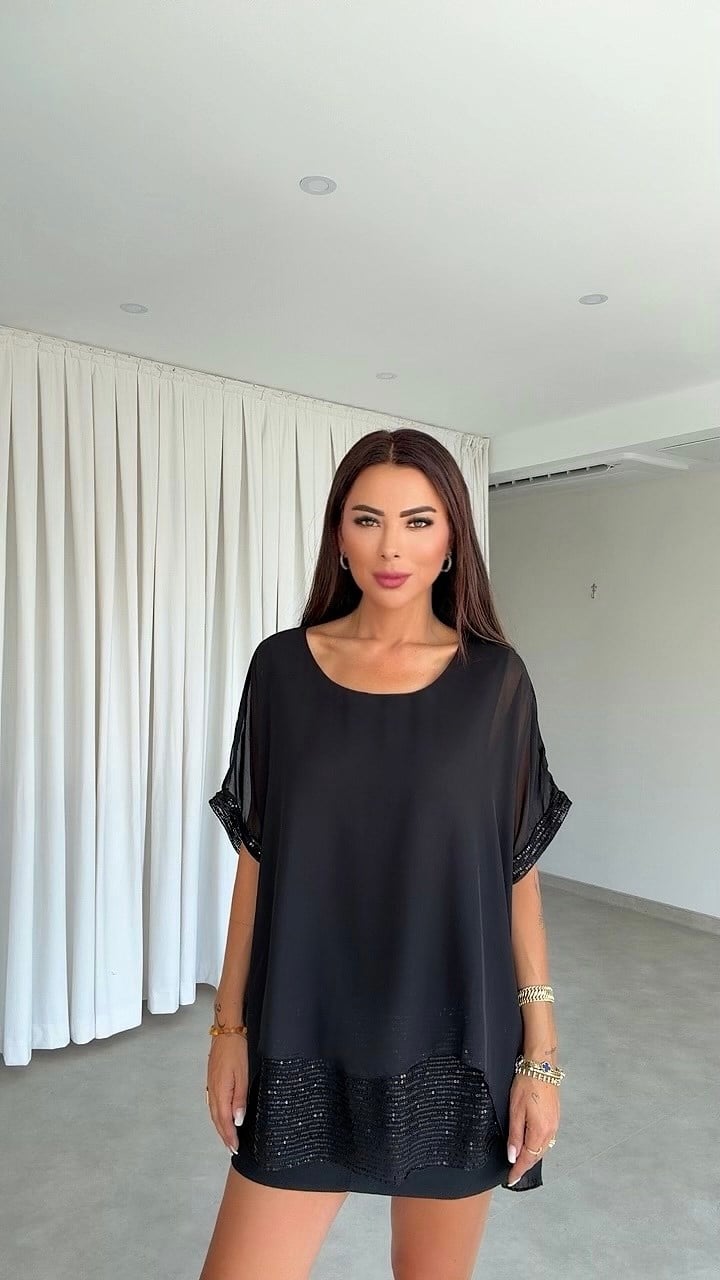 Ceveu Kadın Şifon Payet Detaylı Siyah Bluz 