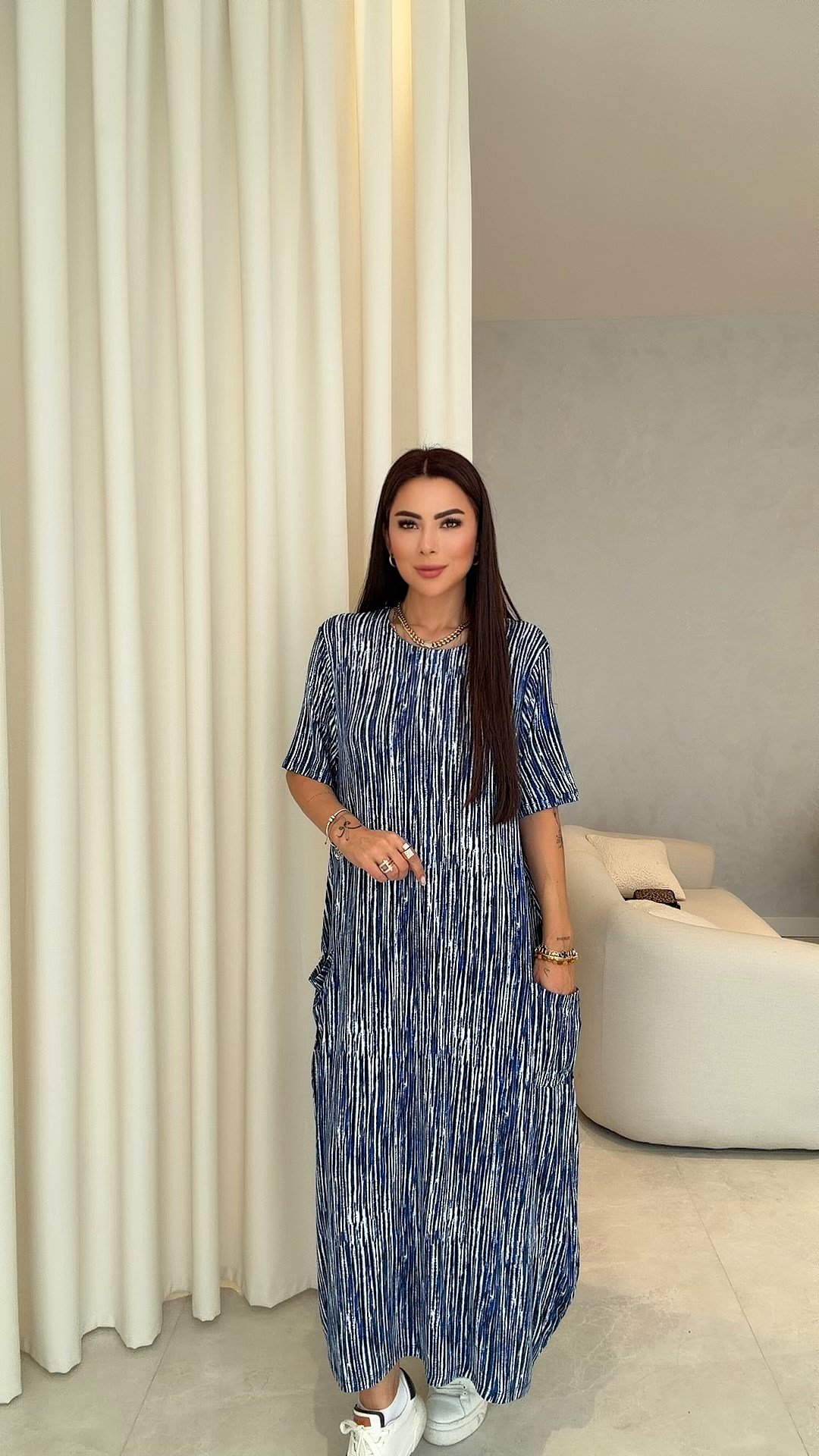 Corni Kadın Salaş Cep Detaylı Mavi Elbise