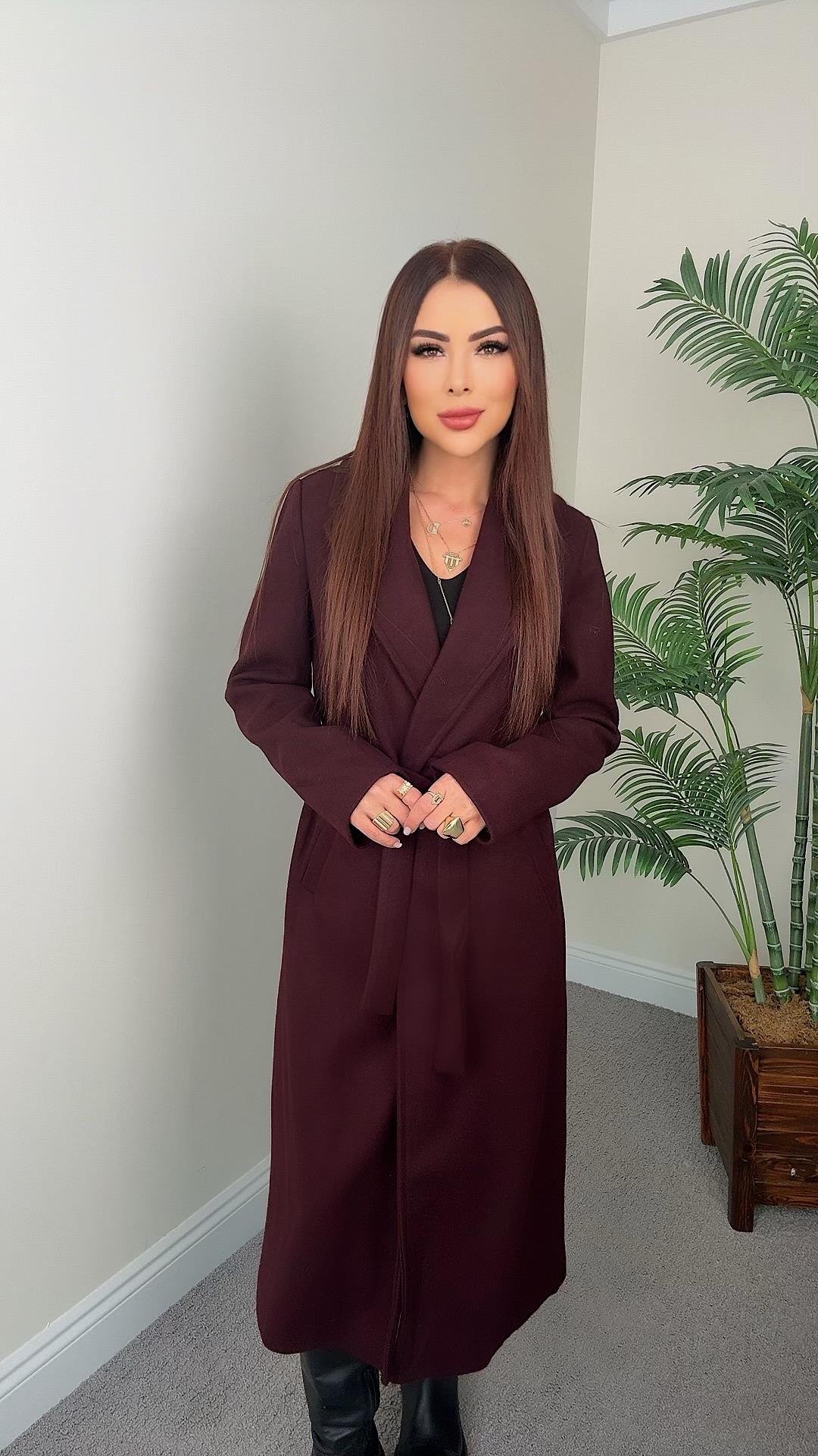 Crue Kadın Kuşaklı Bordo Kaşe Kaban