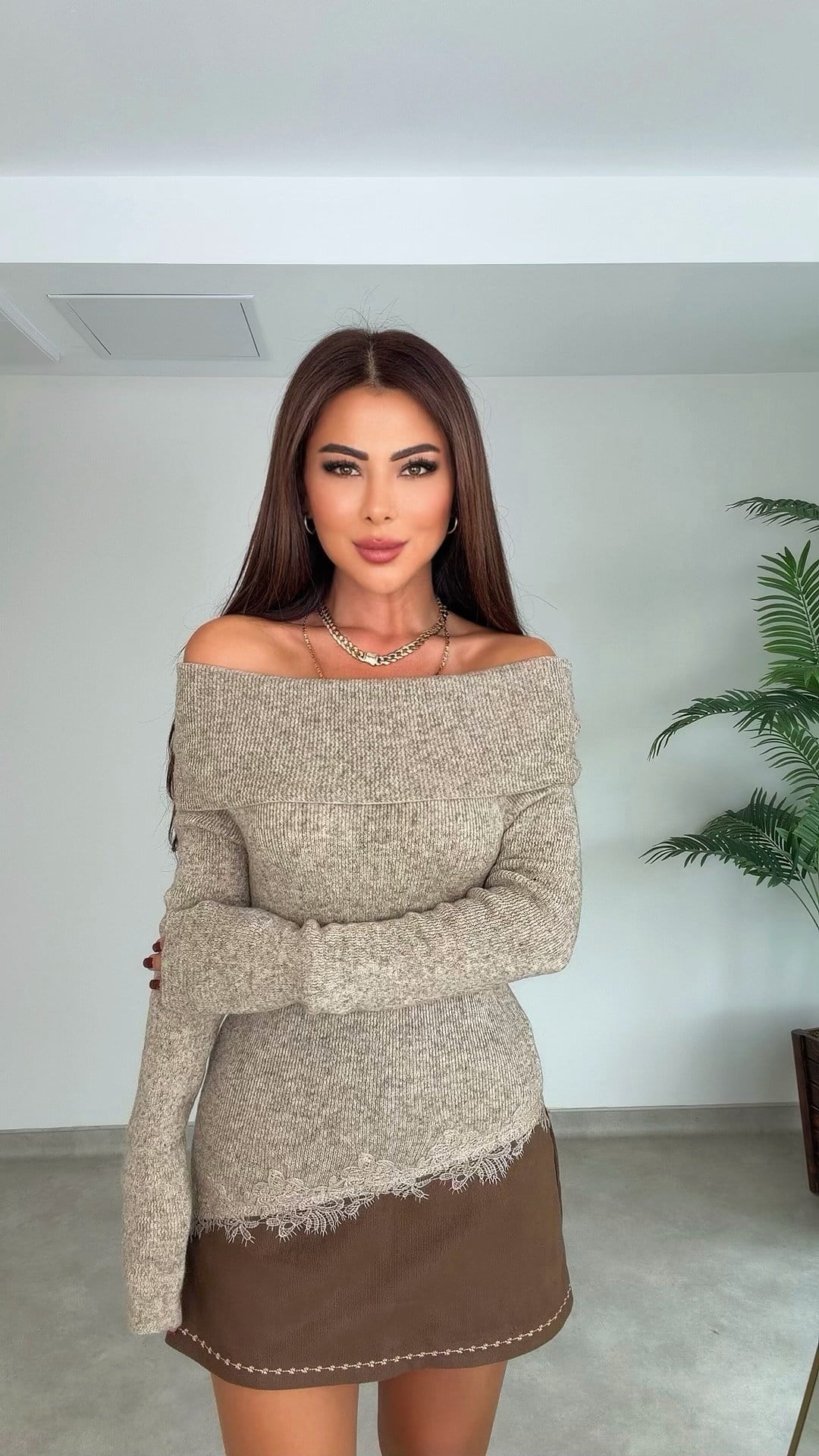 Dareno Kadın Madonna Yaka Dantel Detaylı Vizon Triko