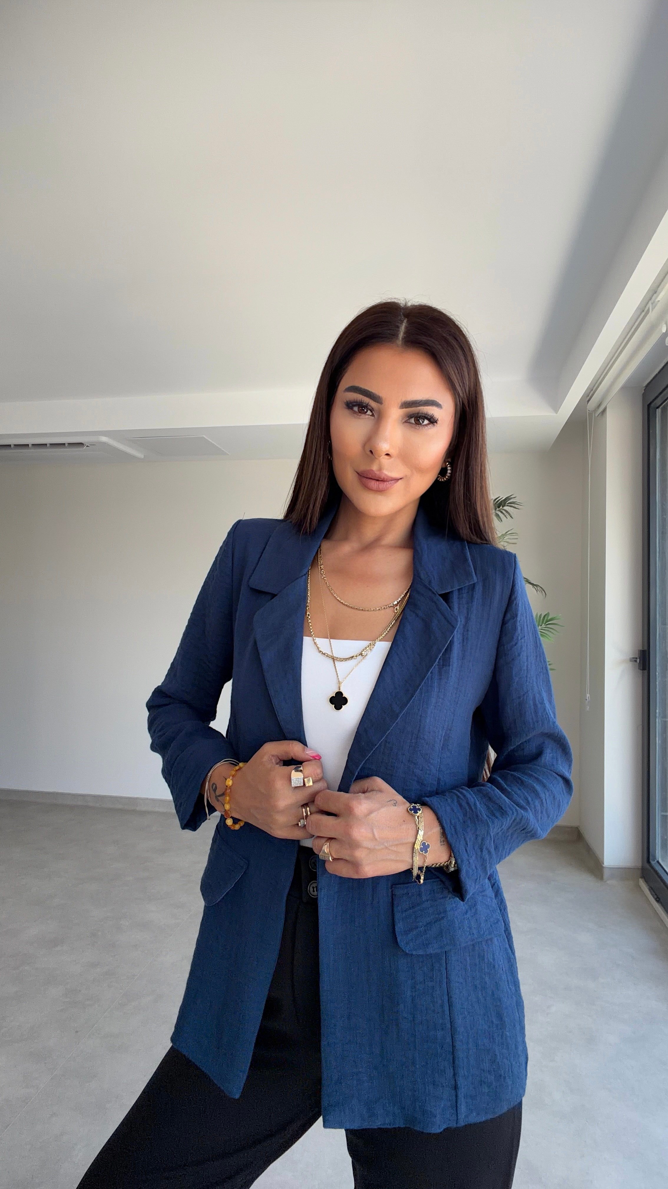 Dased Kadın Şal Yaka Keten Mavi Ceket