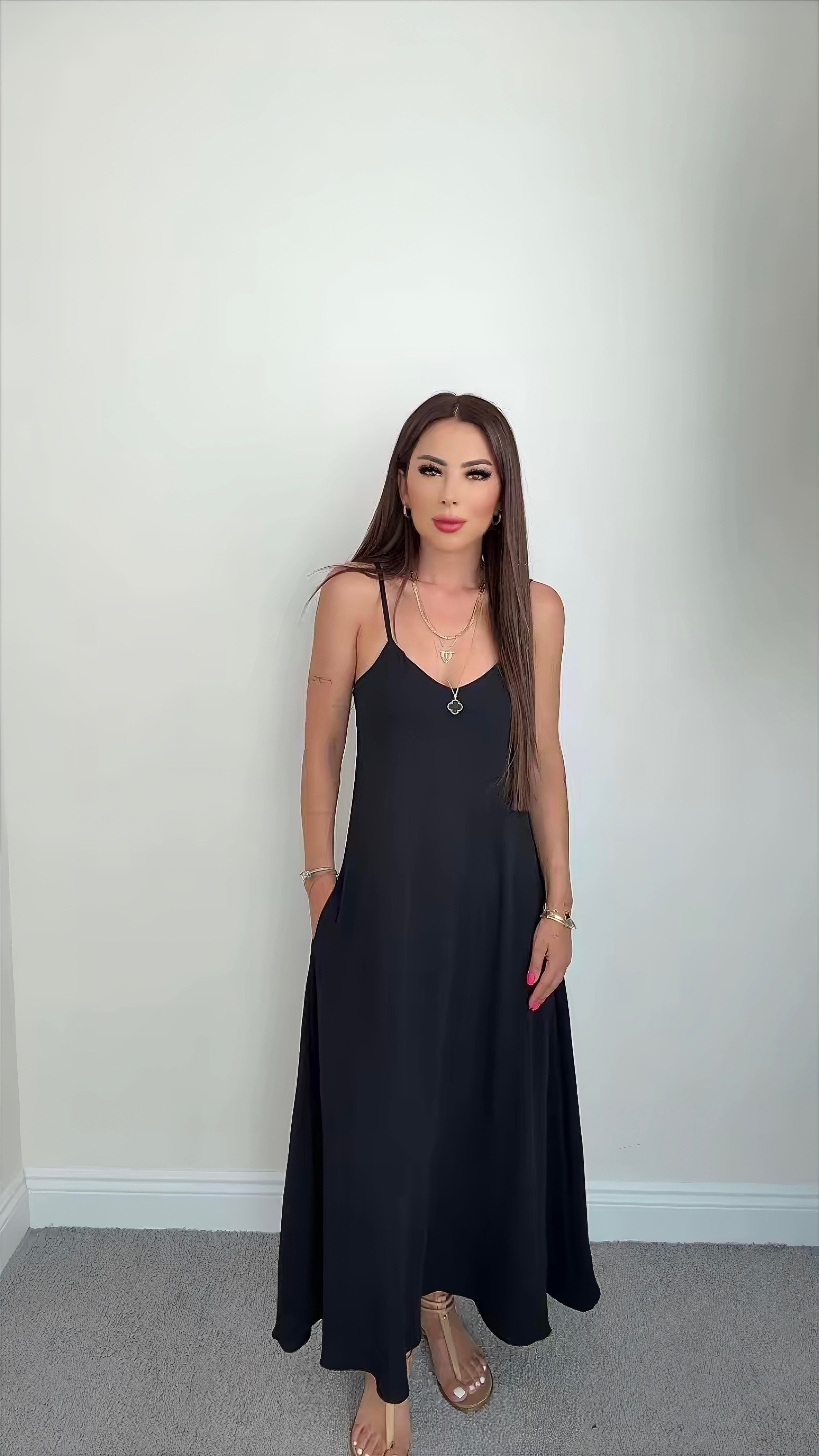 Didar Kadın Askılı Maxi Boy Siyah Elbise