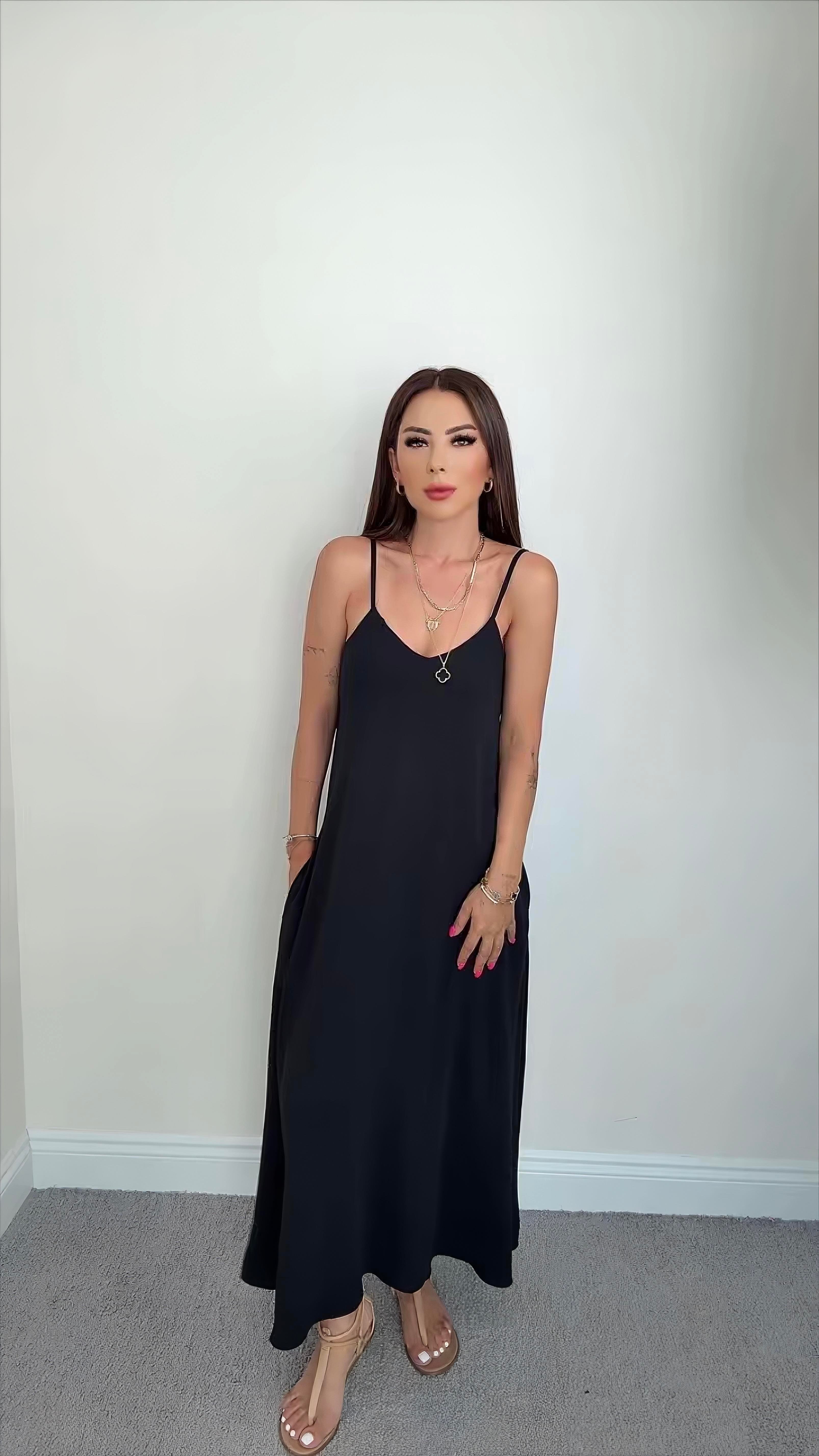 Didar Kadın Askılı Maxi Boy Siyah Elbise
