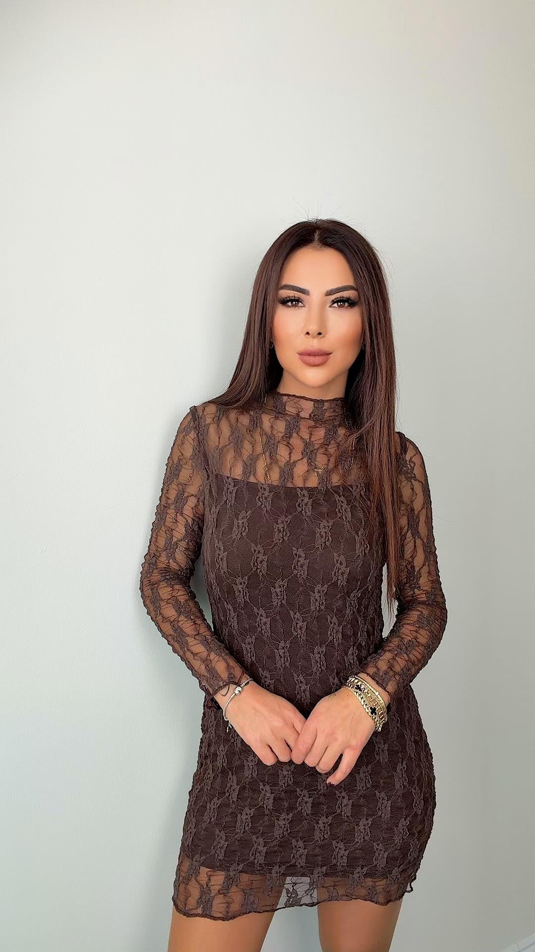 Dinna Kadın Dantel Detay Kahverengi Elbise