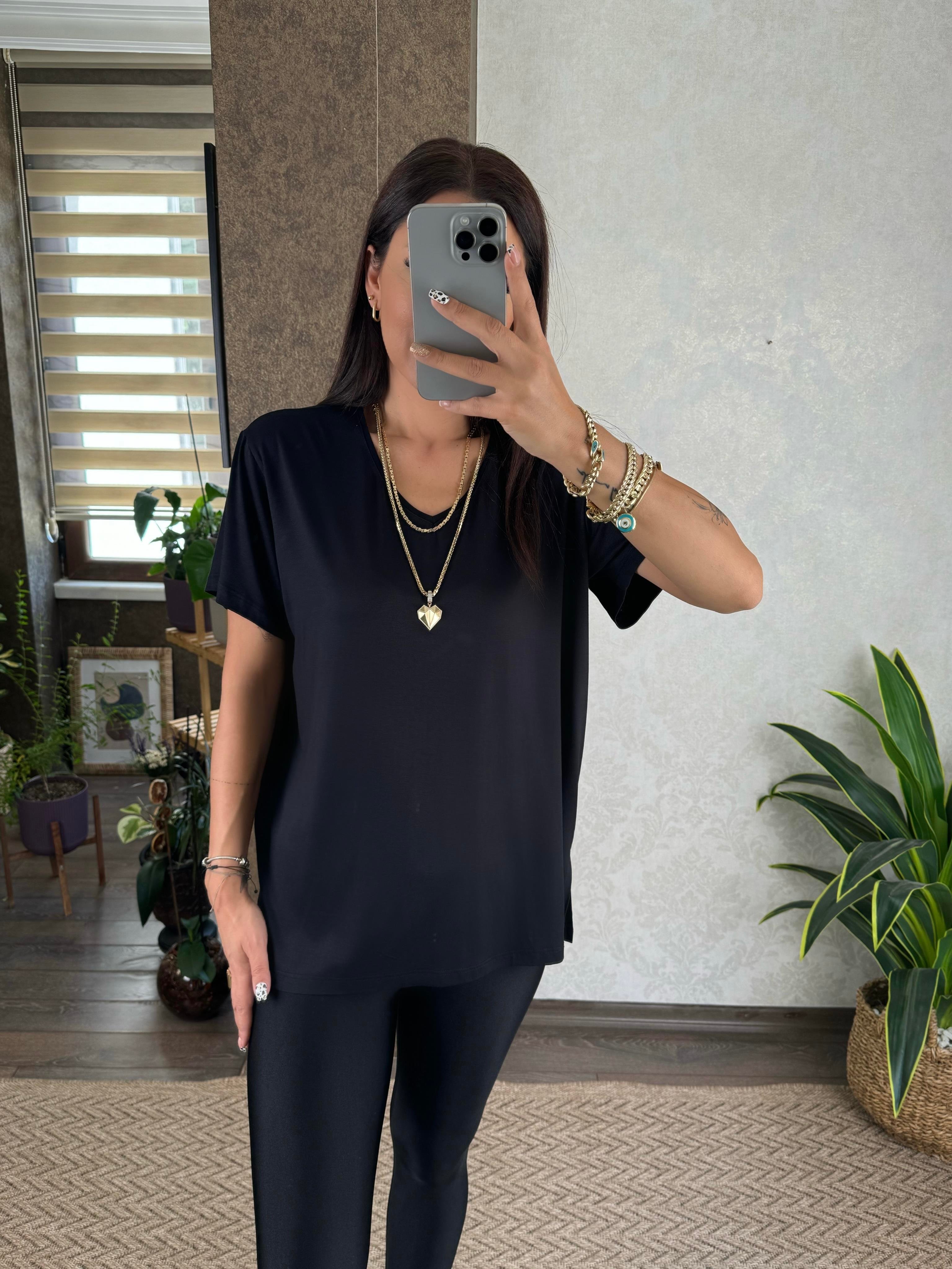 Disa Kadın V Yaka Basic Siyah T-shirt