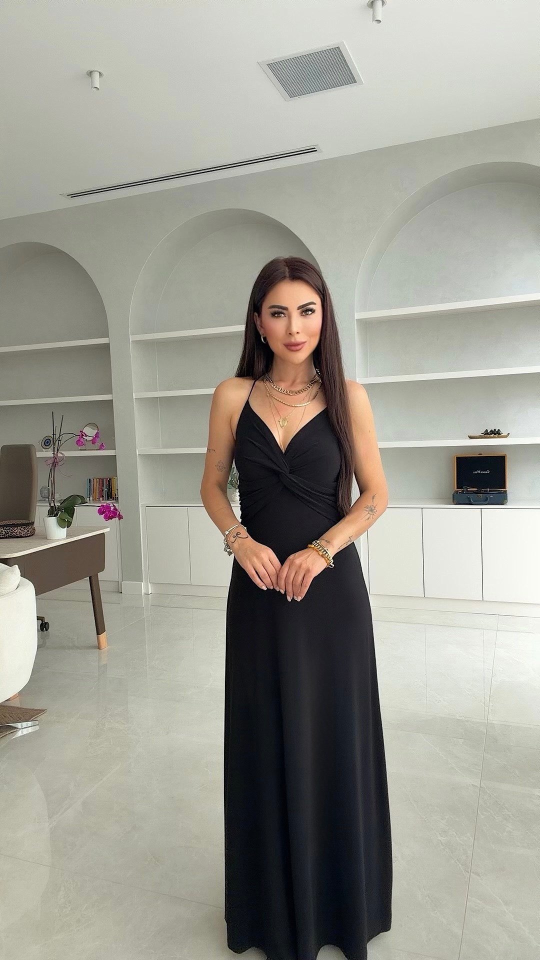 Dude Kadın Boyundan Bağlamalı Düğümlü Siyah Elbise