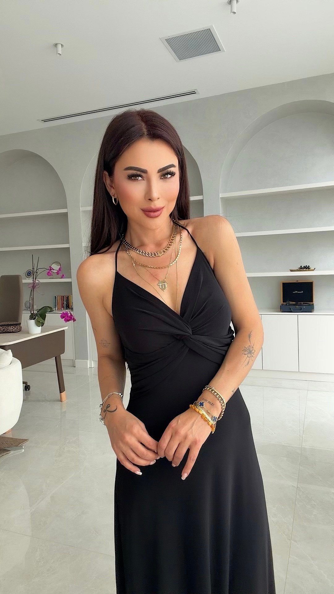 Dude Kadın Boyundan Bağlamalı Düğümlü Siyah Elbise