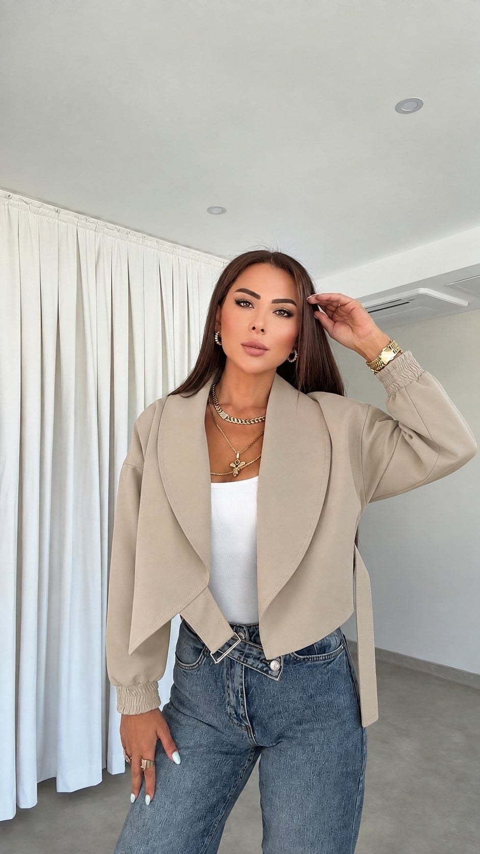 Eyllü Şal Yakalı Kadın Crop Ceket